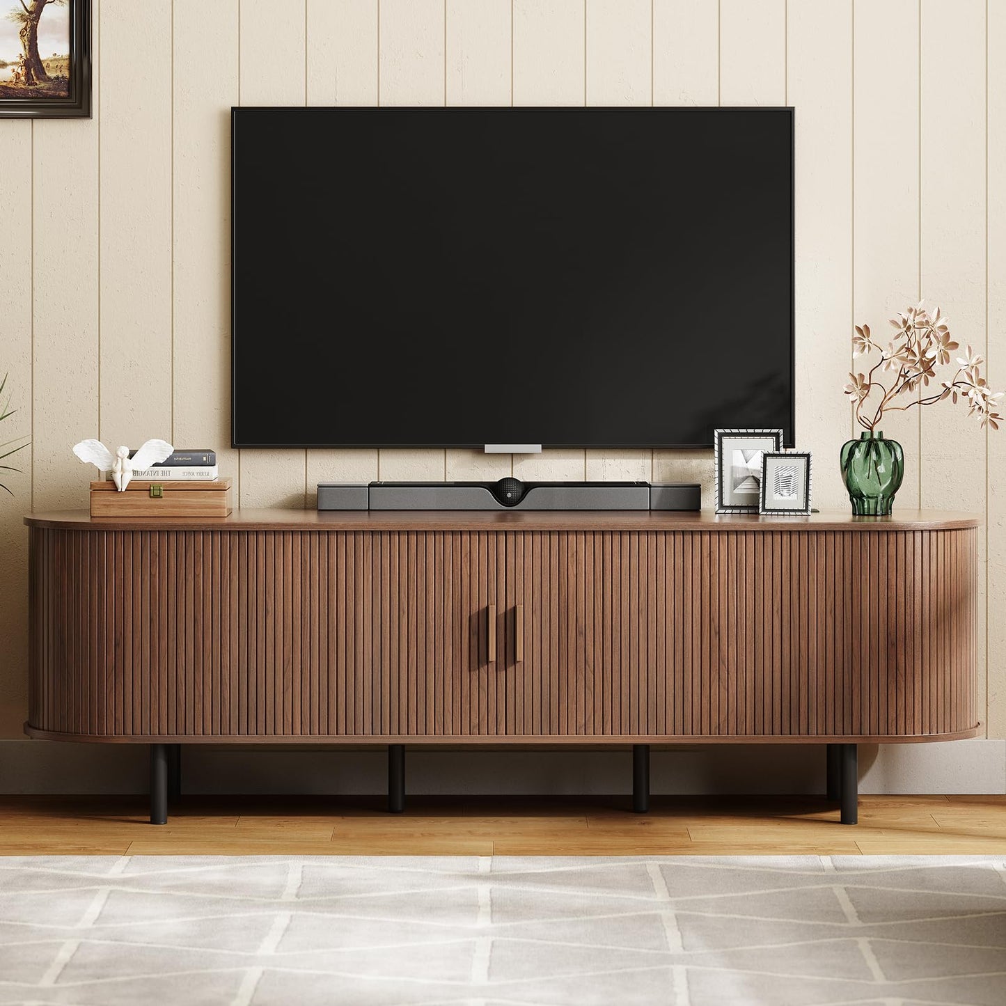 ONBRILL 70.8" TV Stand with Power Outlet for TVs up to 75 Inch, Entertainment Center with Storage and Adjustable Shelves, Modern Media Console with Sliding Doors for Living Room, Walnut