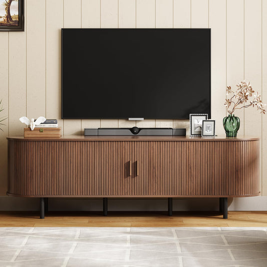 ONBRILL 70.8" TV Stand with Power Outlet for TVs up to 75 Inch, Entertainment Center with Storage and Adjustable Shelves, Modern Media Console with Sliding Doors for Living Room, Walnut