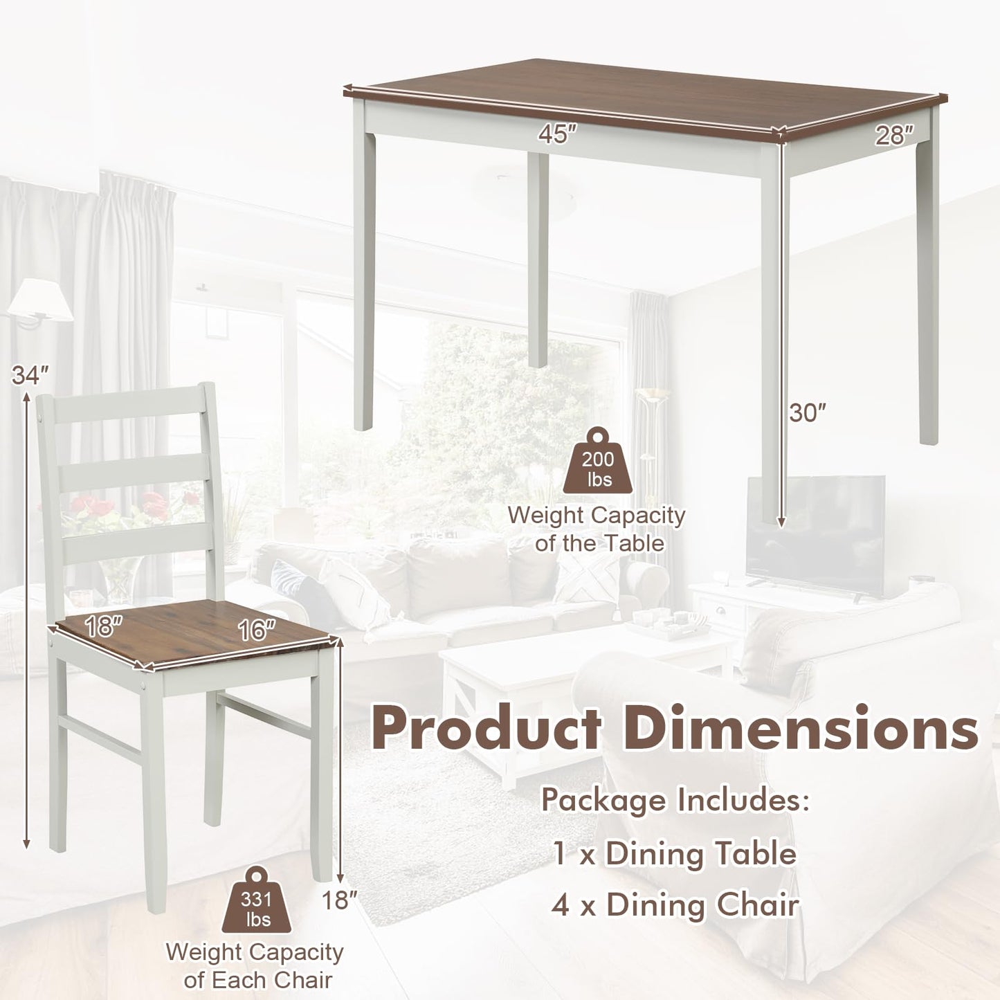 Giantex 5-Piece Dining Table Set for 4, 45" Rectangular Kitchen Table and Chairs Set with Solid Rubber Wood Legs, Space Saving Dinette Set for Small Space, Breakfast Nook, Restaurant (Rustic Brown)