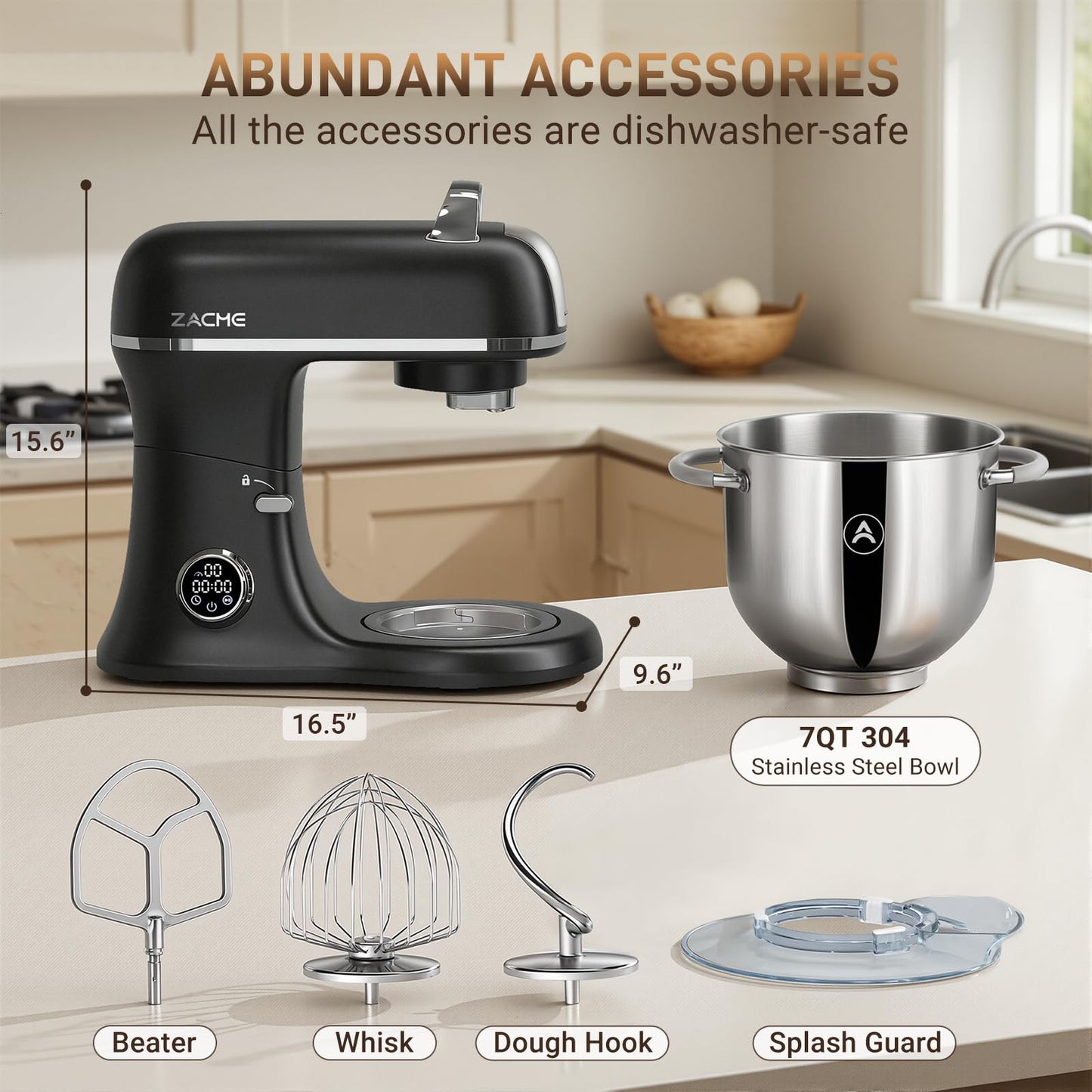 ZACME 7 Quart Stand Mixer Aluminum Die Casting, 650W 12 Speed Tilt-Head Kitchen Electric Stand Mixer, Household Food Mixer with Stainless Steel Bowl, Dough Hook, Whisk and Beater (Black)