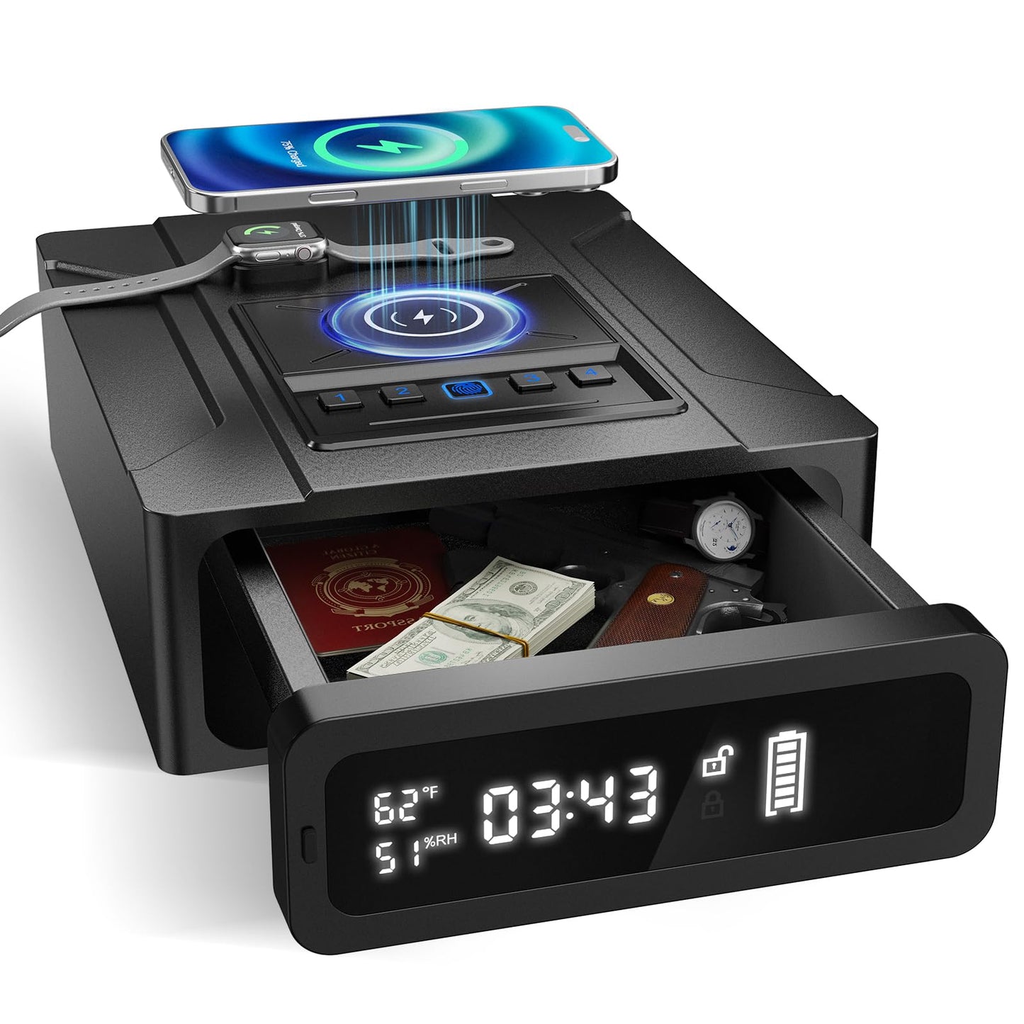 ORARAER Bedside Gun Safe with Wireless Charging - Biometric Safe with Fast Fingerprint, Backup Key & USB-C Emergency Unlock, Alarm Clock & Humidity Display, Bolt Down for Home Security