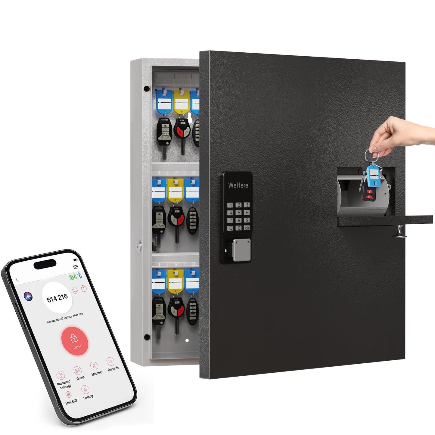 WeHere 56 Keys Lock Box, Key Management Cabinet Key with Drop Slot, APP Bluetooth, Digital Keypad, & WiFi Unlock, Access Log Tracking, Key Return Box for Hotel, Car Dealerships, Office, School