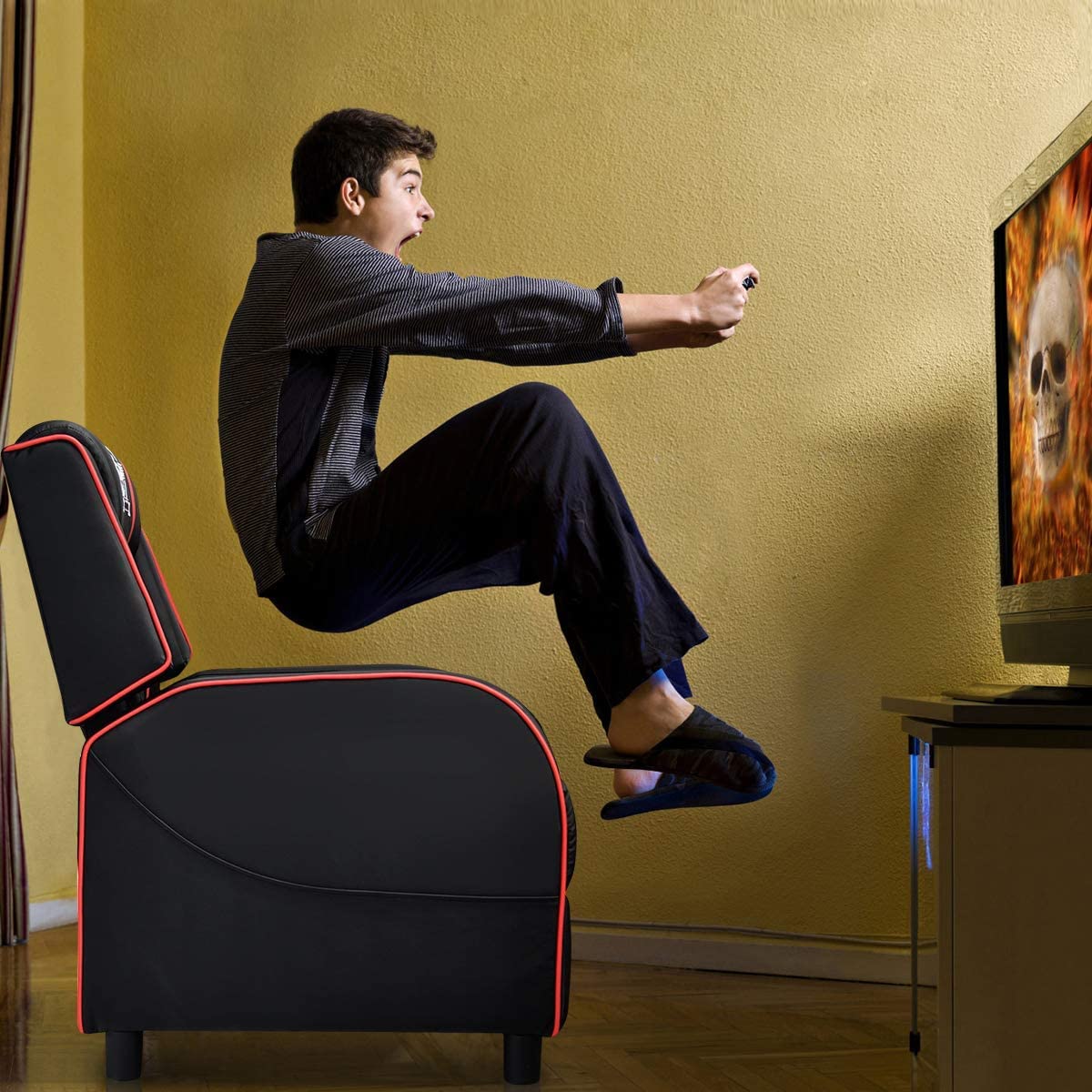 BUSHLY Adjustable Gaming Recliner Chair, Racing Style Massage Single Sofa with Headrest & Lumbar Pillow, PU Leather Video Recliner for Home, Movie Theater, Living Room, Game Room (Red)