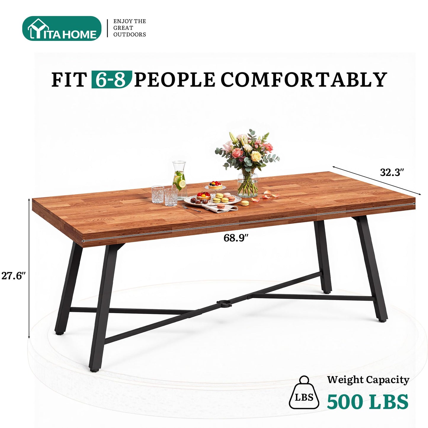 YITAHOME Outdoor Rectangle Dining Table 68.9", Heavy Duty Patio Acacia Wood Dining Table with Umbrella Hole, Solid Wood Rectangle Dining Room Table, 500 LBS