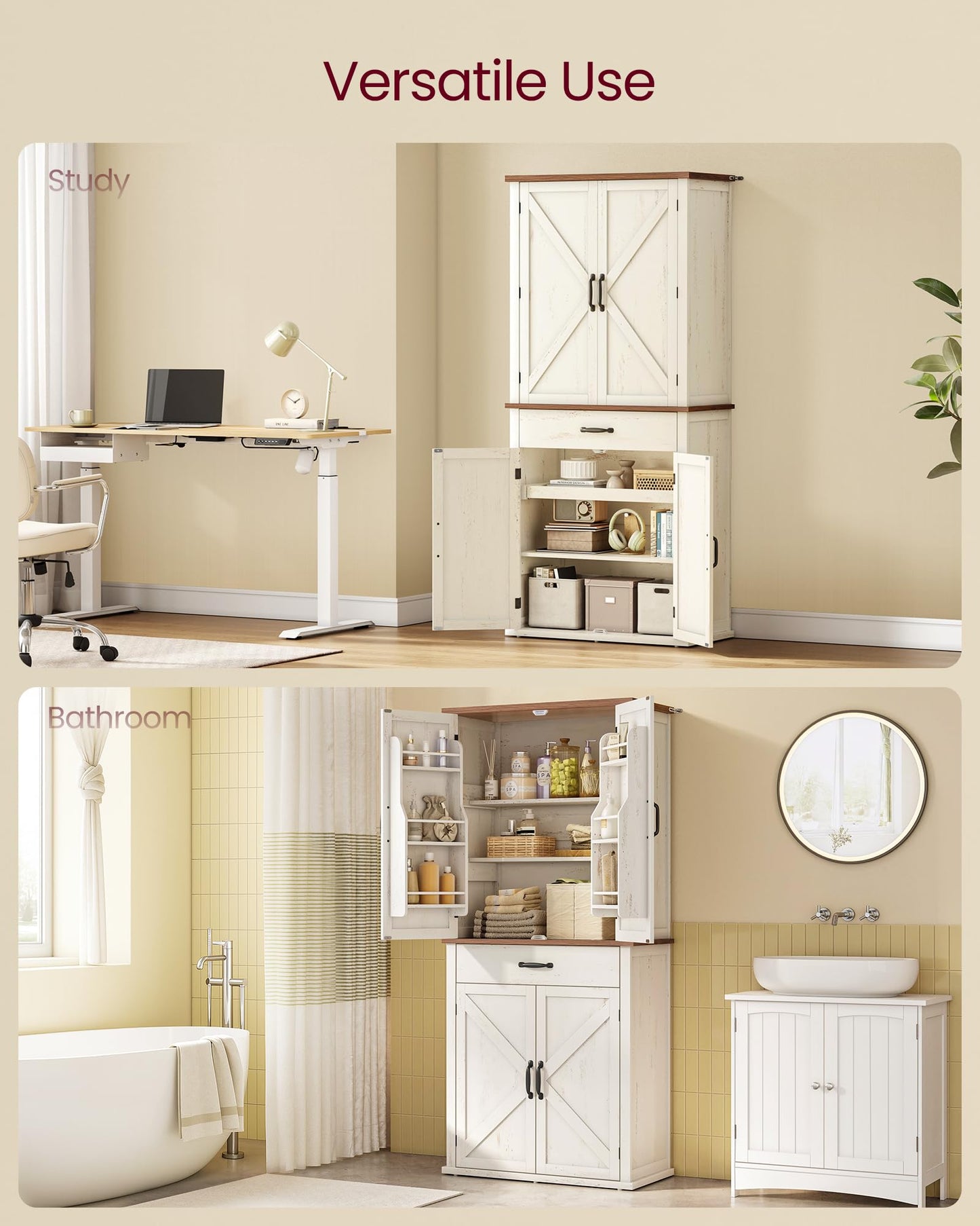 VASAGLE LIRY Collection - Pantry Cabinet, 70.3-Inch Tall Farmhouse Kitchen Storage Cabinet with Barn Doors, Drawer, Tray, Adjustable Shelves, for Kitchen, Dining Room, Rustic White UBBK364WJ01S