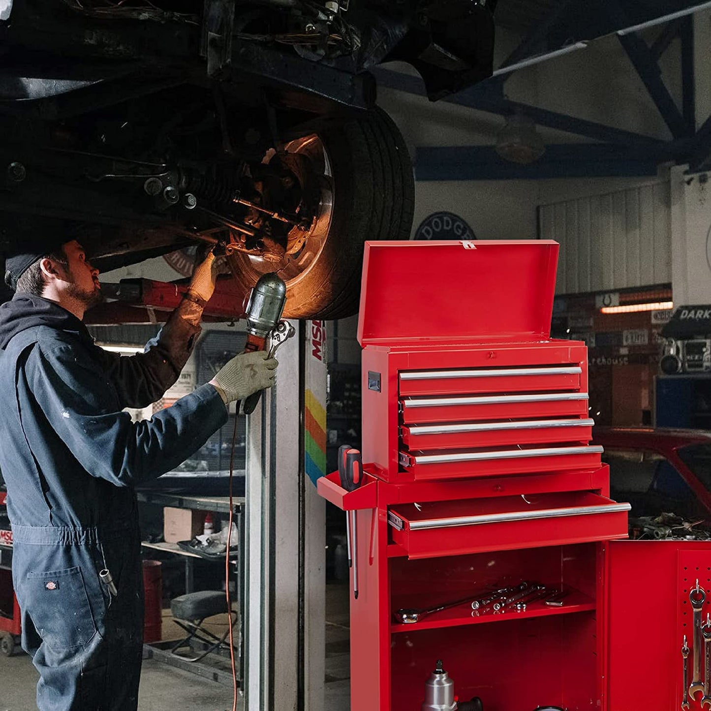 Road DAWG ATBT1204D-Red Torin Rolling Garage Workshop Tool Organizer: Detachable 4 Drawer Tool Chest with Large Storage Cabinet and Adjustable Shelf, Red