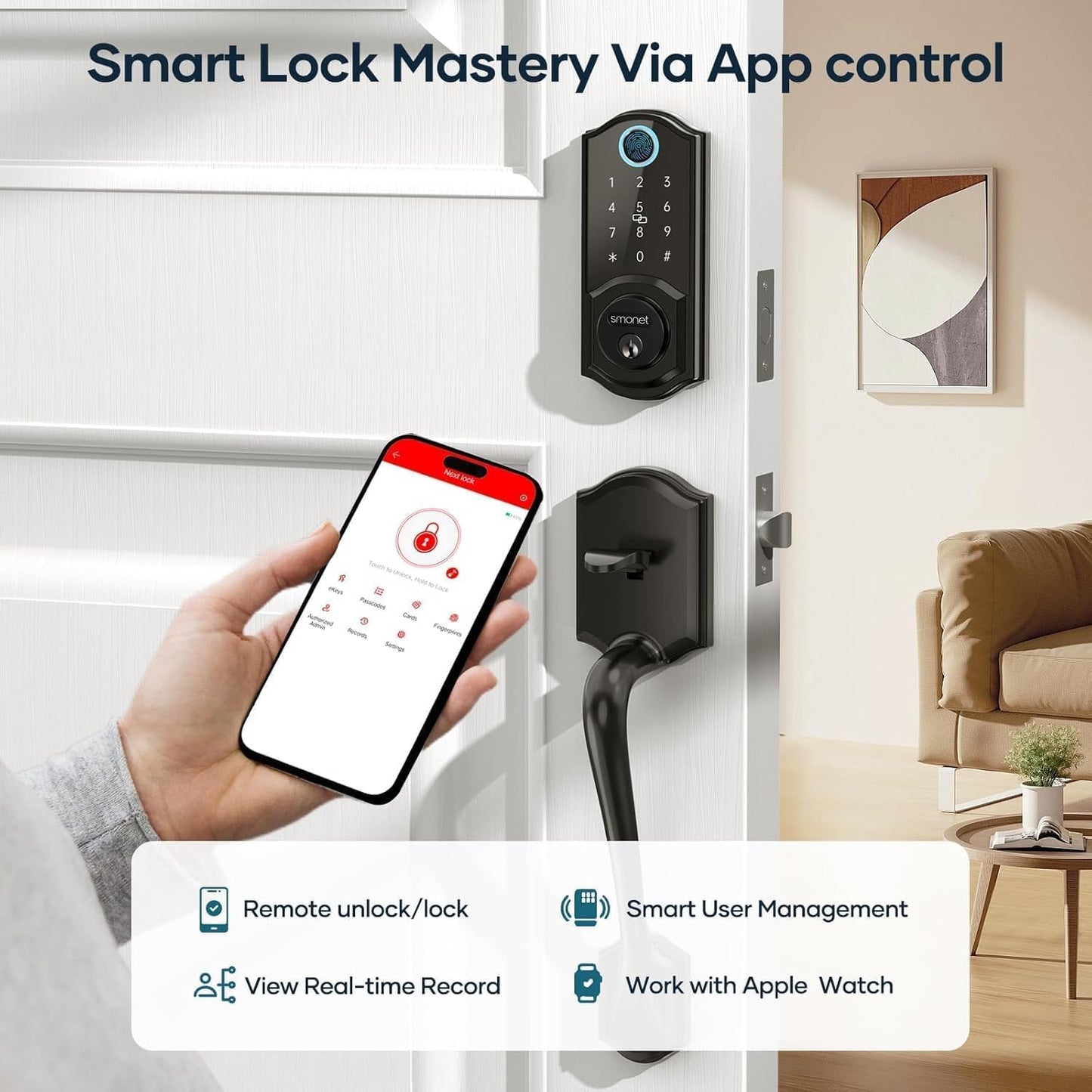 SMONET Smart Lock for Front Door, Keyless Entry Door Lock with Handle Set, Fingerprint Digital Keypad Deadbolt with App Control, Bluetooth Smart Lock, Auto Lock, Alexa Compatible, Black