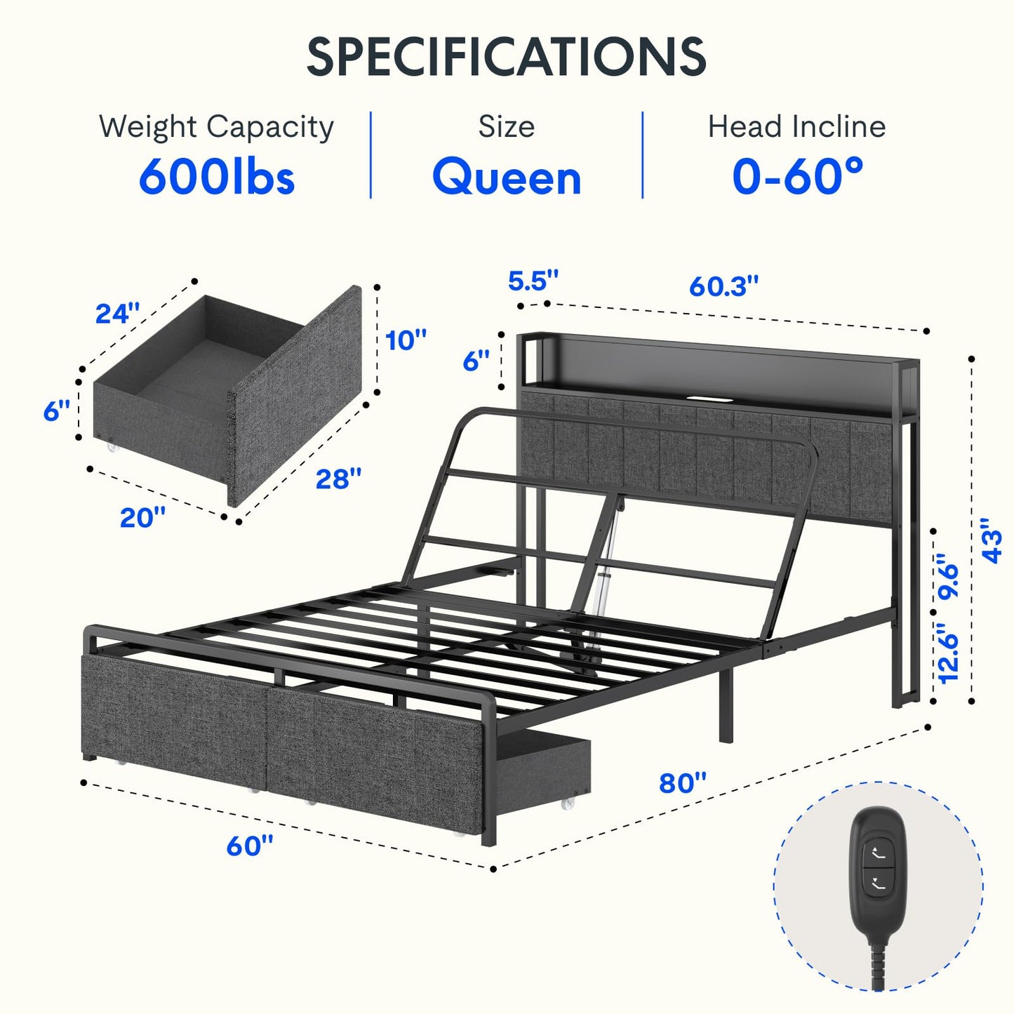 FLEXISPOT Queen Adjustable Bed with Storage Headboard, Charging Station, Head Incline, LED Lighting, Storage Drawers, Quiet Powerful DC Motor, and Easy Assembly