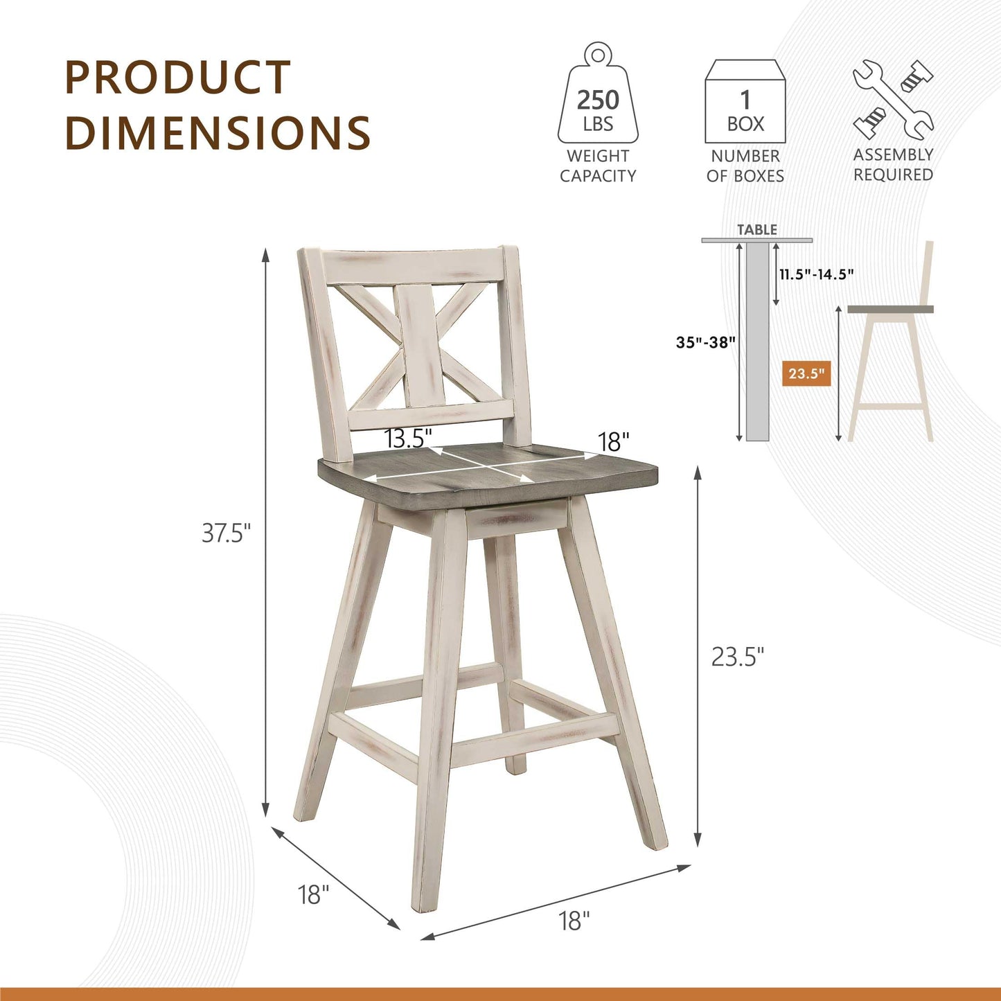 Lexicon Counter Height Stools Set of 2-Solid Wood Frame 360° Swivel Wooden Stools, Foot Rest, X Back, Wide Seat, Distressed Farmhouse Easy to Clean Finish, 24" SH, Antique White/Grey