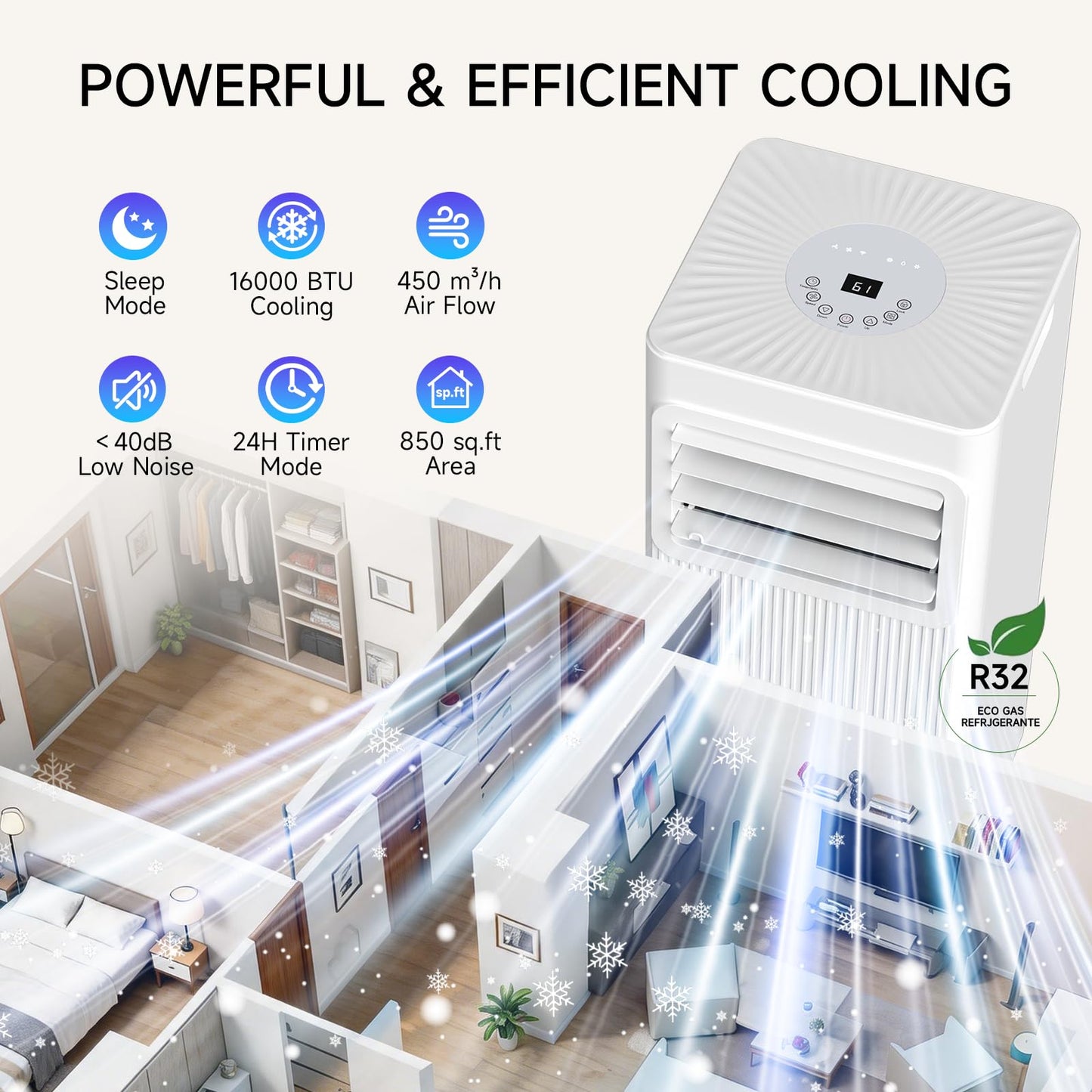 Portable Air Conditioners 16,000 BTU 5-in-1 Air Conditioner Portable Up to 850 Sq.Ft., Portable AC Unit with Cool, Fan, Dehumidifier, 24H Timer, Sleep Smart WiFi Remonte Installation Kit Included