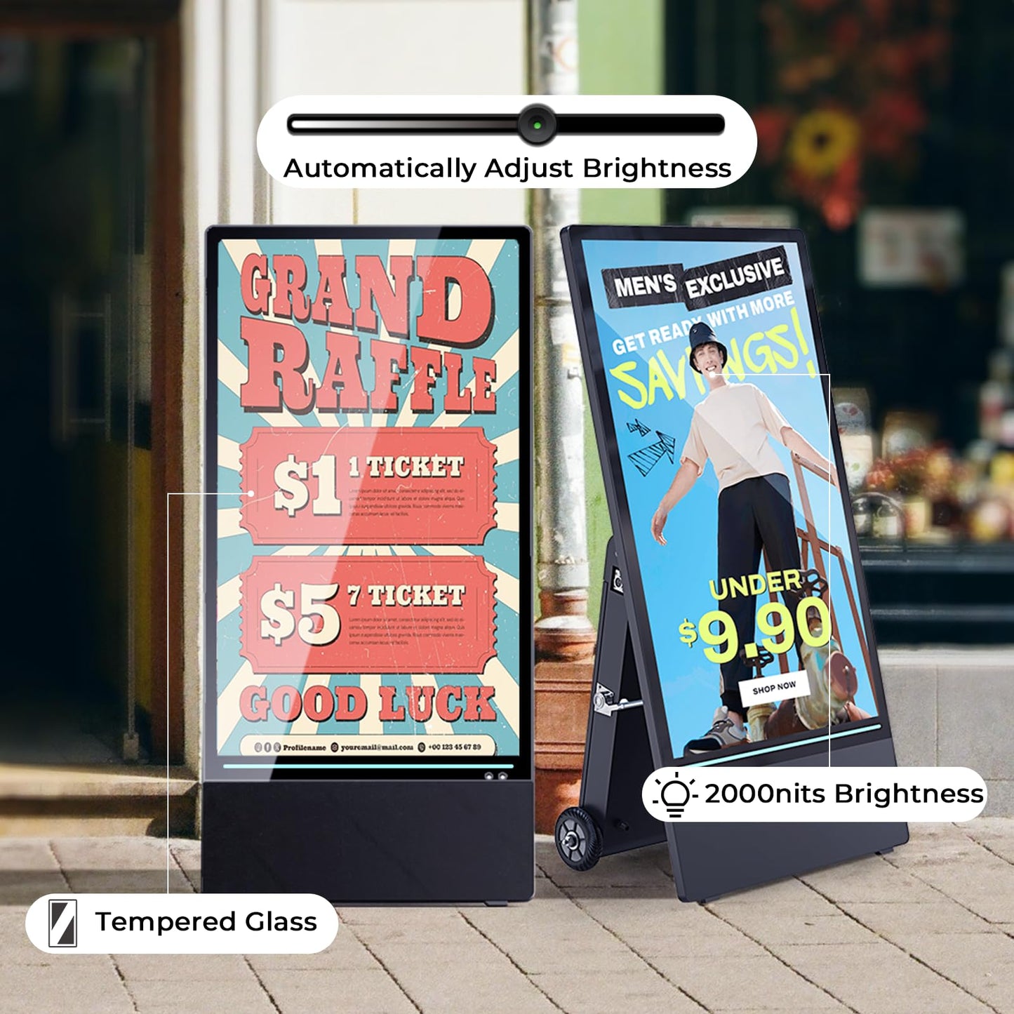 YIXZSWD 43 Inch Outdoor Digital Signage A-Frame Displays, Rechargeable Digital LCD Kiosks, Moveable Commercial Totem, IP65 Waterproof, Auto Adjustment 2000nits High Brightness Screen, High Capacity Battery for Restaurant/Bar/Food Truck/Store