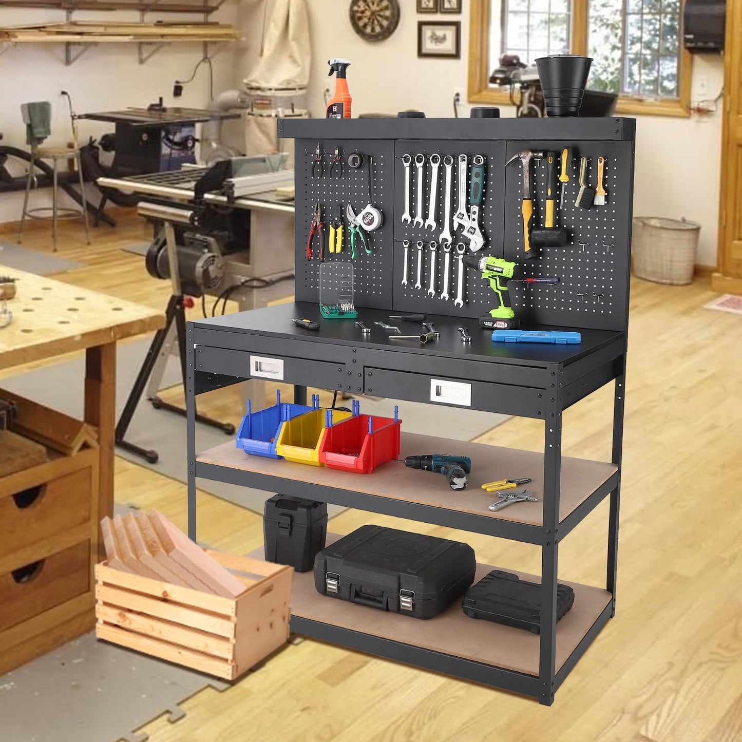 Workbench with Pegboard, 48" x 24" Heavy Duty Work Bench with 2 Large Drawers and 2 Storage Shelves, Garage Tool Organizer with Power Outlets for Workshop, Warehouse, Basement, Home