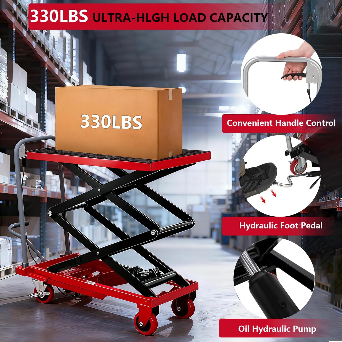 Hydraulic Lift Table, 330 Lbs Capacity, 50" Lifting Height, Double Scissor Lift Table Cart with 4 Wheels and Non-Slip Pad, Manual Hydraulic Lifting Cart (Red, 330 LBS, Double Scissor)
