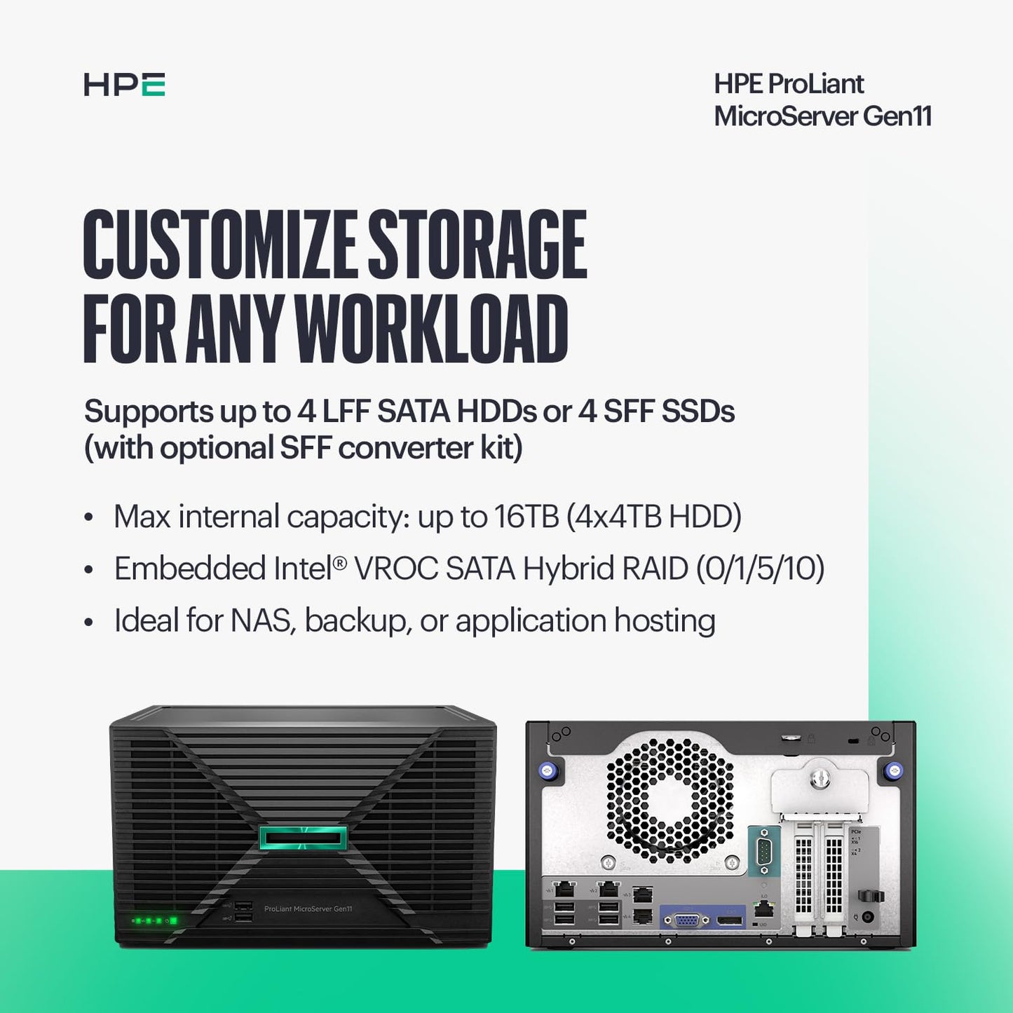 Hewlett Packard Enterprise ProLiant MicroServer Gen11 Tower Server, Intel Pentium Gold G7400 Processor, 16GB Memory, 1TB HDD Storage, External 180W US Power Supply (HPE Smart Choice P74439-005)