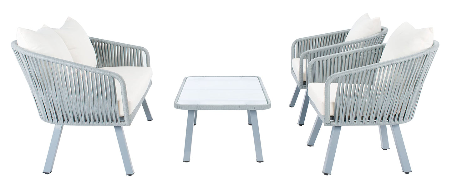 Safavieh Outdoor Collection Jorda Wicker Cushion 4-Piece Rope Patio Backyard Living Set PAT7518A, Grey/Beige