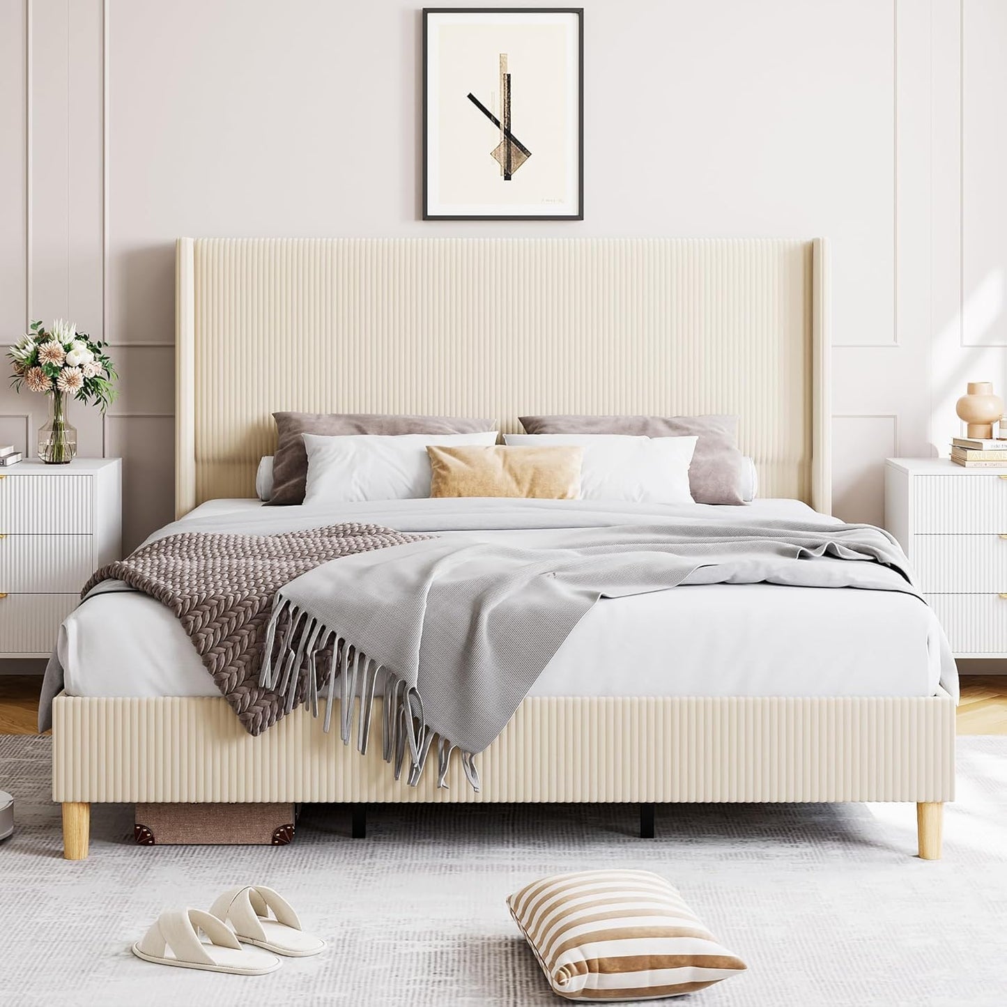 GarveeHome King Size Bed Frame, Upholstered Platform Velvet King Bed Frame with Vertical Channel Tufted Wingback Headboard, Strong Wooden Slats, No Box Spring Needed, Easy Assembly, Beige