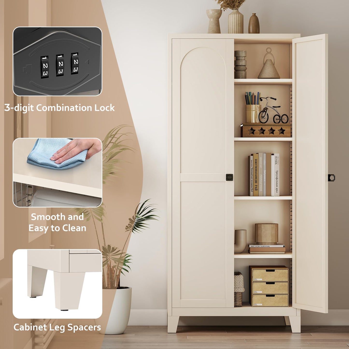 Zevemomo 71" Tall Metal Locking Cabinet with 4 Adjustable Shelves & 2 Doors, Steel Lockable Cabinet with 3-Digit Combination Lock, Secure Metal Pantry Cabinet for Home, Office, Garage, Beige