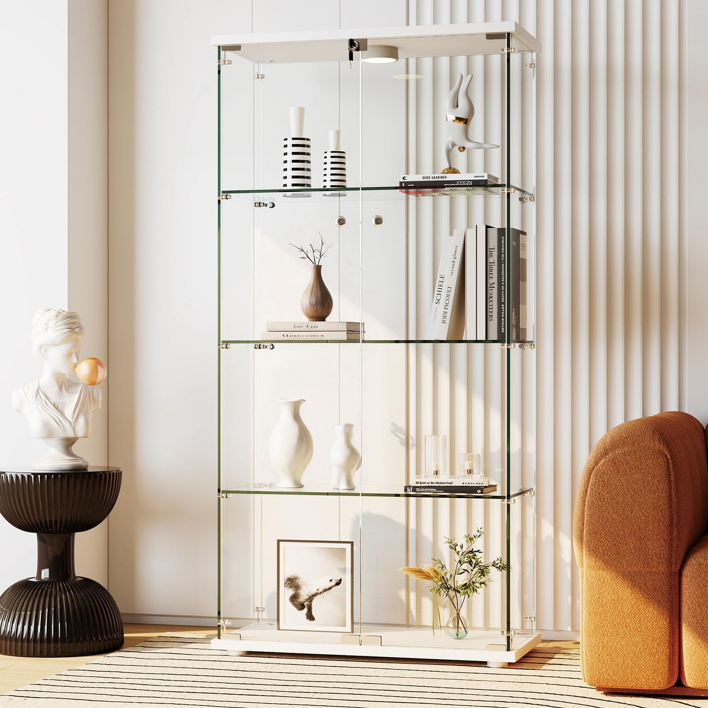 IDEALHOUSE Tempered Glass Display Cabinet with LED Light, 4 Shelves Lockable Curio Showcase, Double Doors Storage Cabinet for Living Room Bedroom Office, White (64x31.7x14.3 in)