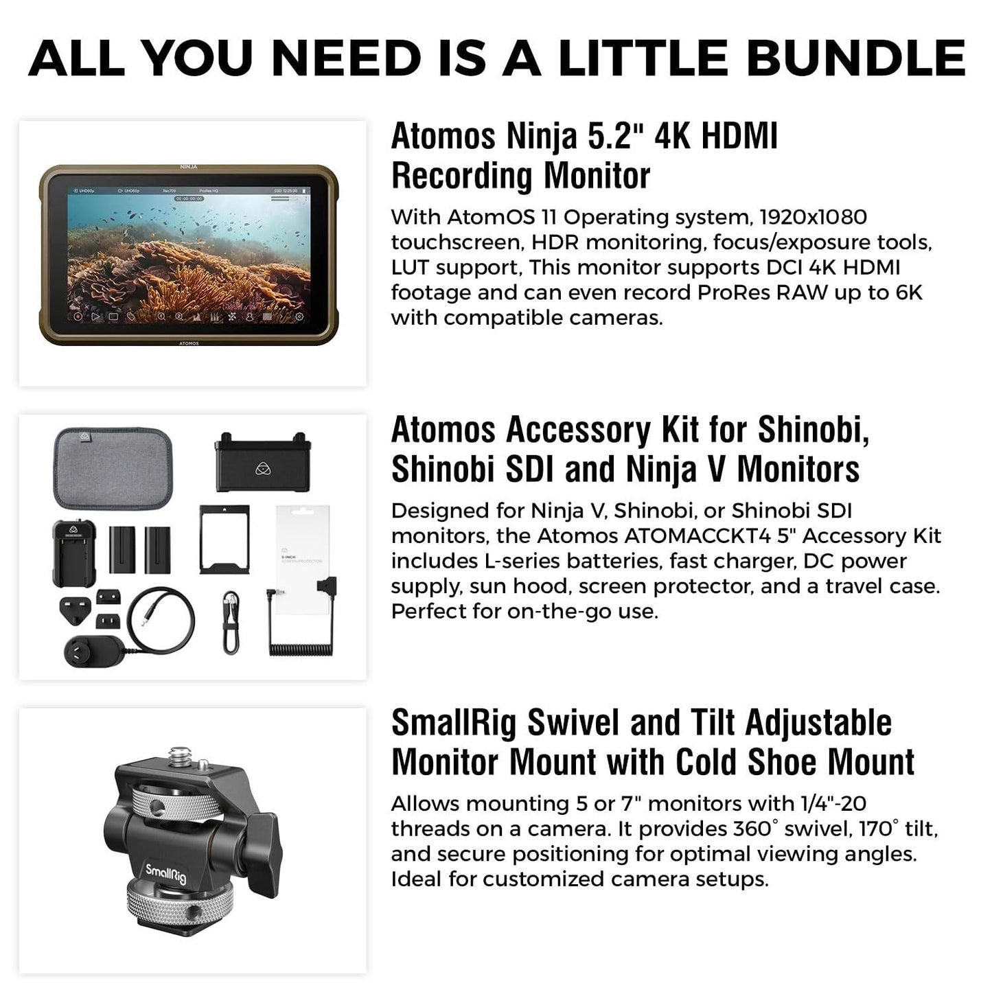 Atomos Ninja 5.2" 4K HDMI Recording Monitor 5" Accessory Kit (Version II) for Select Shinobi and Ninja Monitors, Swivel and Tilt Adjustable Monitor Mount Bundle Set