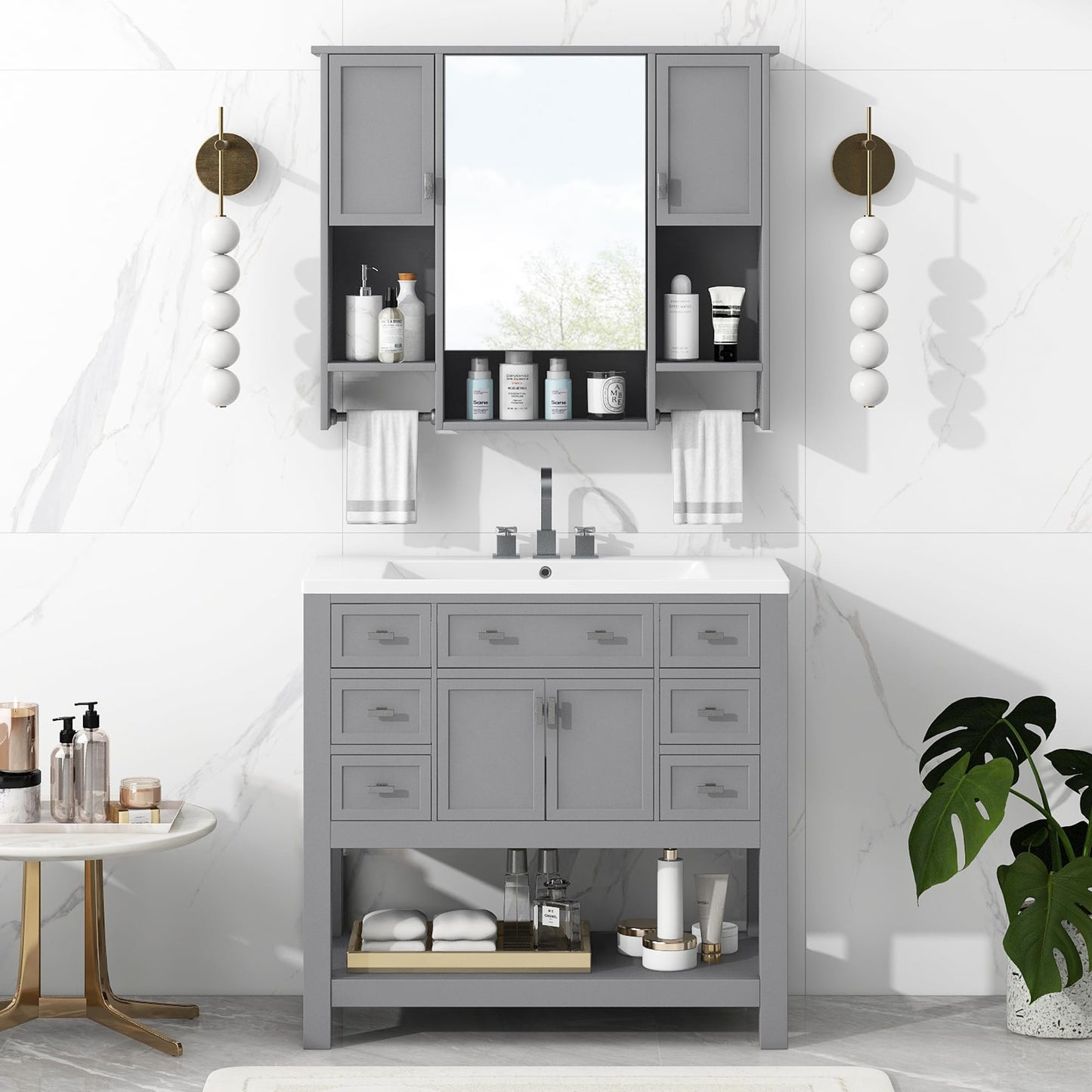 Virubi Bathroom Medicine Cabinet, Wall Mounted Bathroom Storage Cabinet with Mirror, Open Shelf, Side Cabinet and Towel Bar, Over The Toilet Mirrored Cabinet, 35" W x 28.7" H