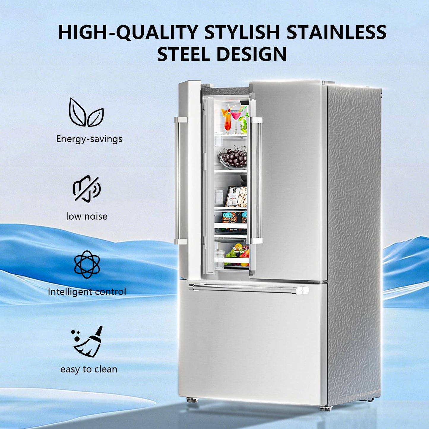 Antarctic Star 2 French Door Refrigerator, Auto Ice & Water Filter, VCM Stainless, Multi-Air, Fast Cooling, Inverter, LED Alarm, Energy Star, 20.3 Cu Ft, Silver