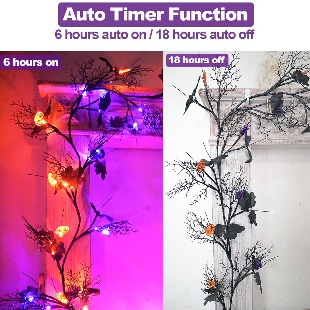 PALONMY Halloween Garland Lights, 8.86FT, 72LED, Plastic, Orange & Purple, with Pumpkins, Spiders, Black Leaves, Indoor/Outdoor Decor