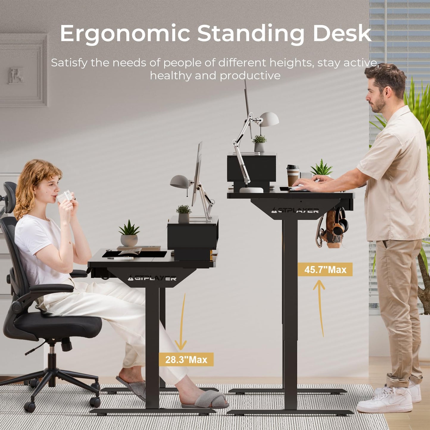 GTPLAYER Electric Standing Desk with Drawers, 48 x 24 Inch Height Adjustable Gaming Desk with Monitor Stand, Power Outlets & LED Lights, Home Office Sit Stand Up Desk with Memory Preset (Ebony Black)