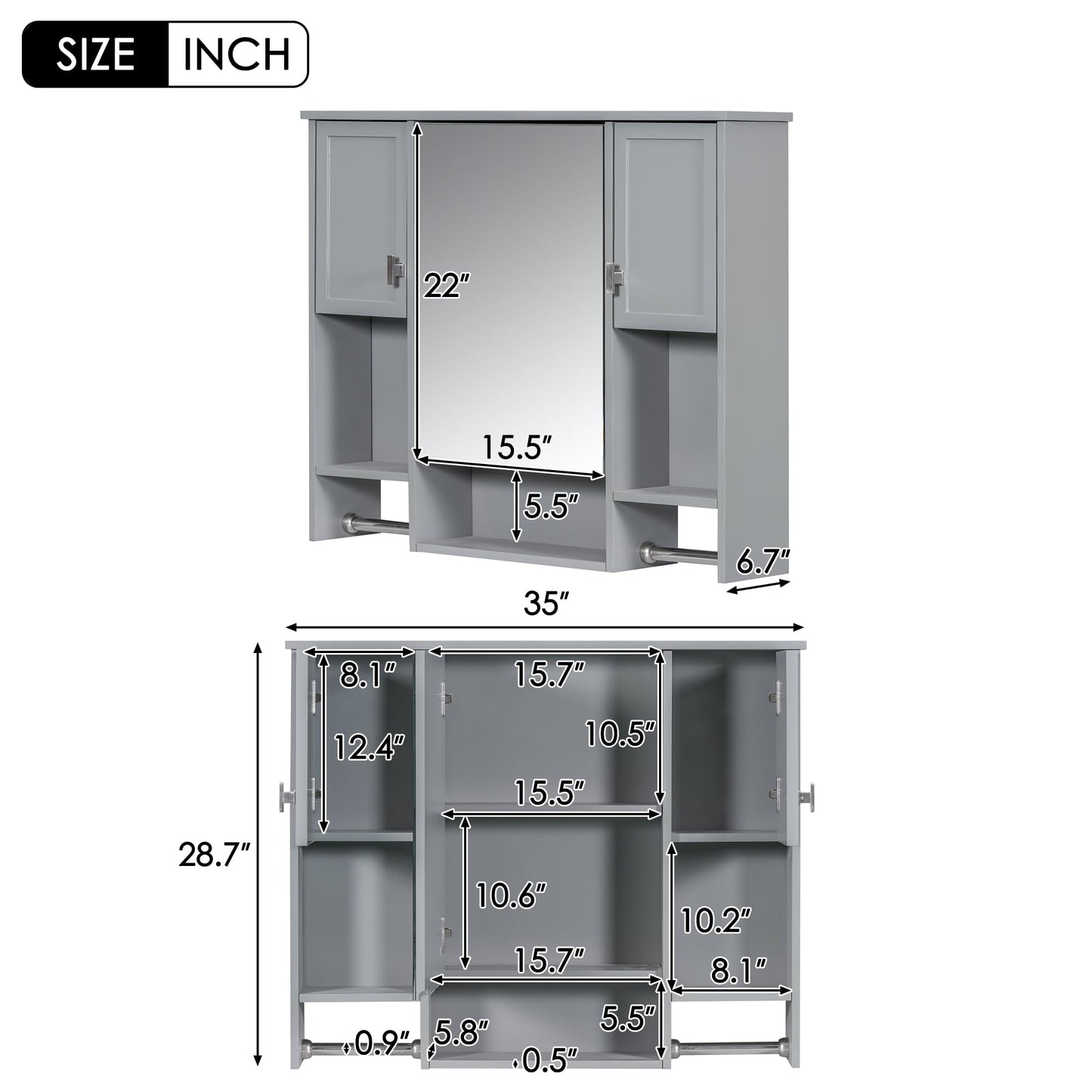 Virubi Bathroom Medicine Cabinet, Wall Mounted Bathroom Storage Cabinet with Mirror, Open Shelf, Side Cabinet and Towel Bar, Over The Toilet Mirrored Cabinet, 35" W x 28.7" H