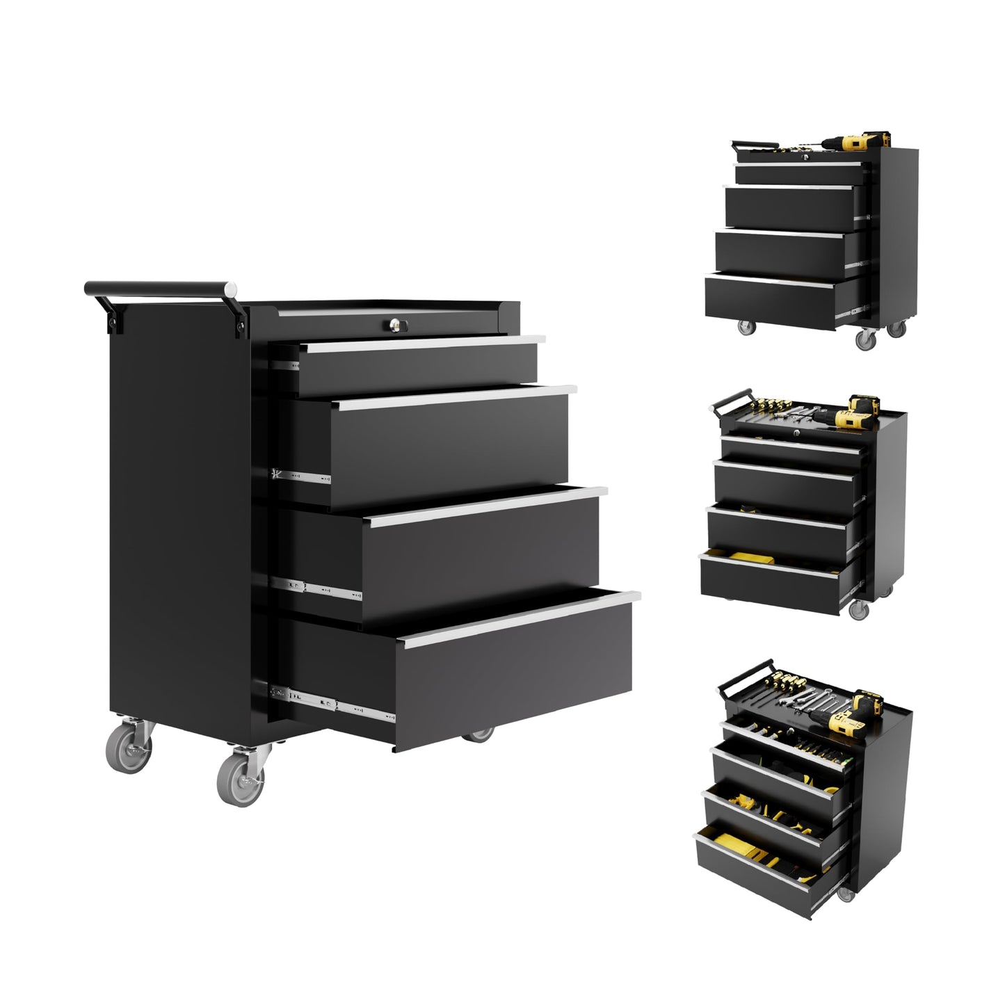SierraSquad Rolling Tool Chest, 4-Drawer Tool Storage Cabinet, Tool Box with Wheels, Lock System and Drawer Liners, Tool Cart for Warehouse, Workshop and Repair Shop, Black