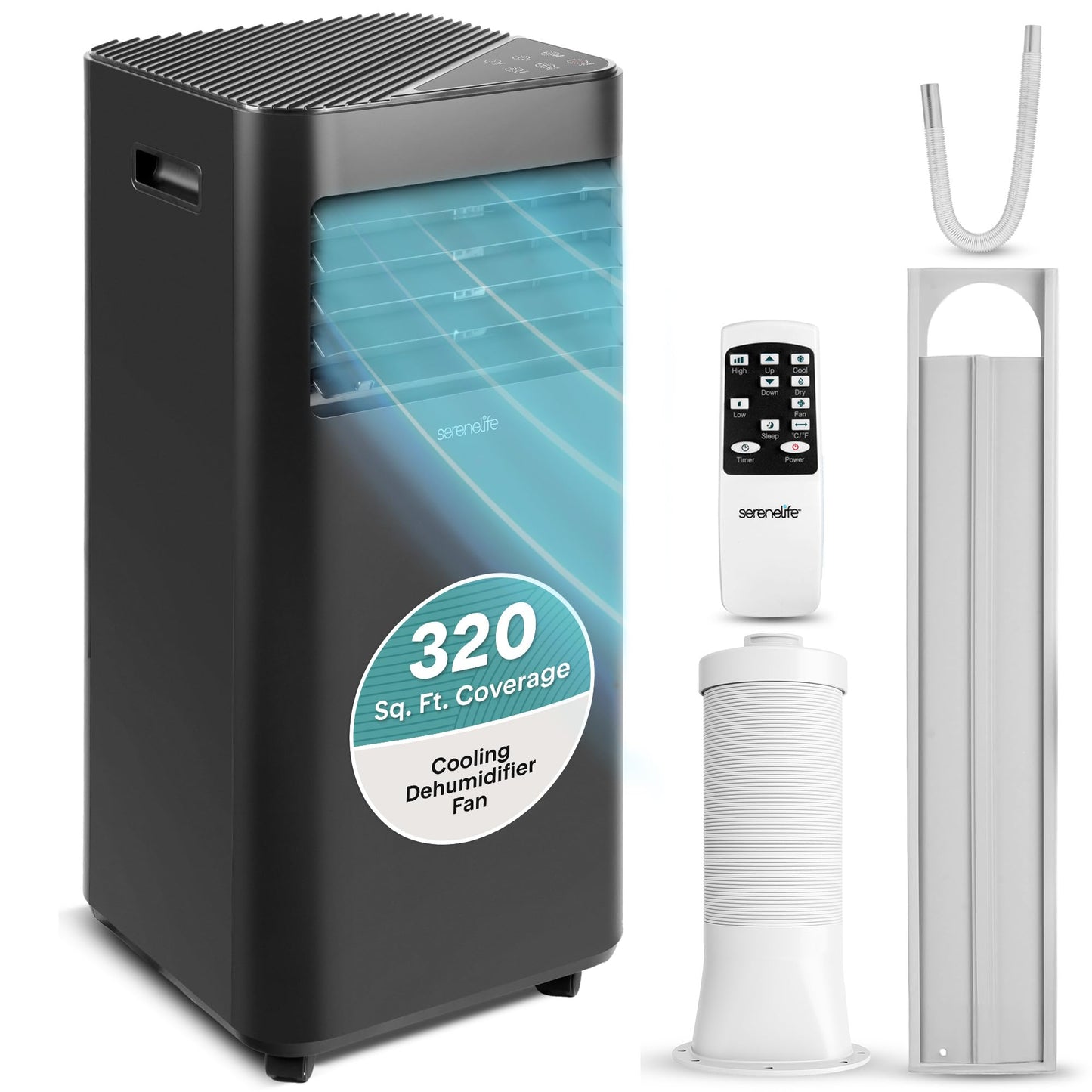 SereneLife 10,000 BTU Portable Air Conditioner, 115V Compact Room Air Conditioner with Dehumidifier & Fan 320Sq Ft Coverage, Window Mount Kit Included, Mini AC Unit for Bedroom, Office, or Home, Black
