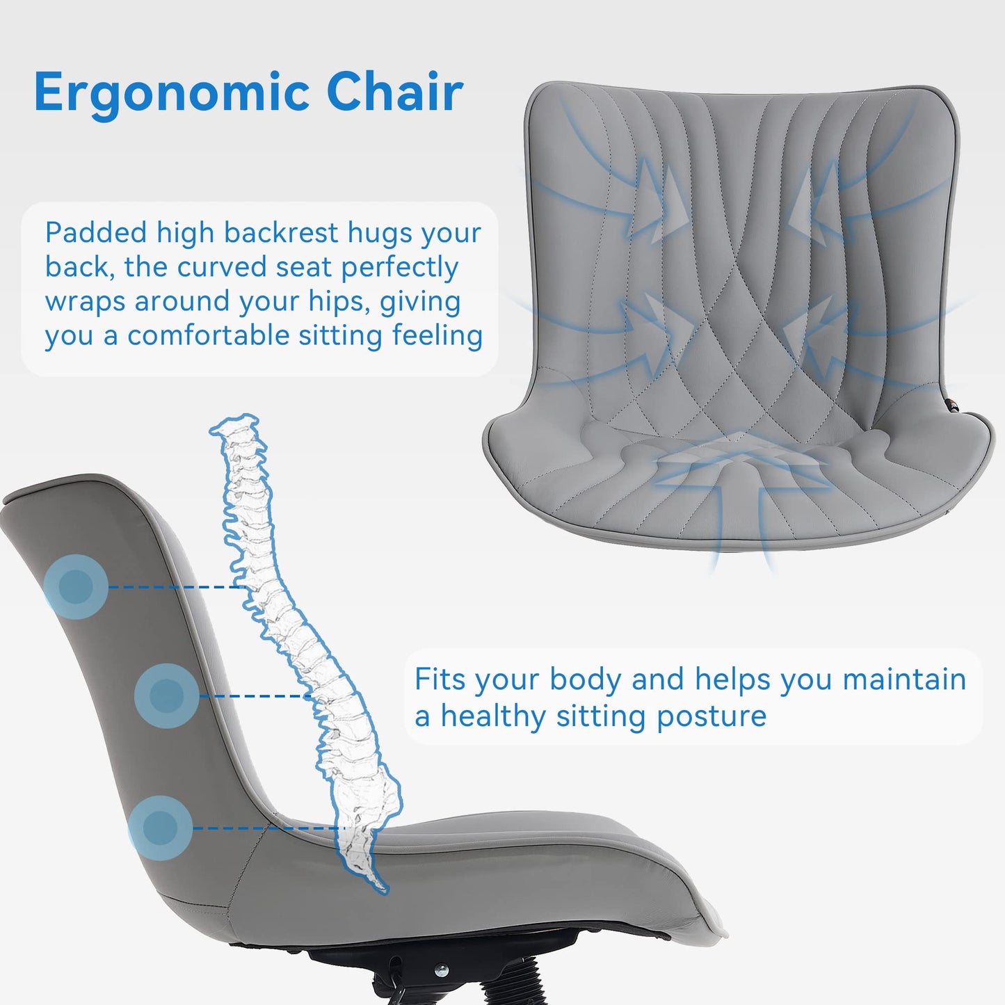 YOUNIKE Office Chair, Armless Desk Chair with Wheels, Adjustable Swivel Rolling Home Office Computer Task Chairs, Modern Faux Leather Upholstered Vanity Chair, Grey