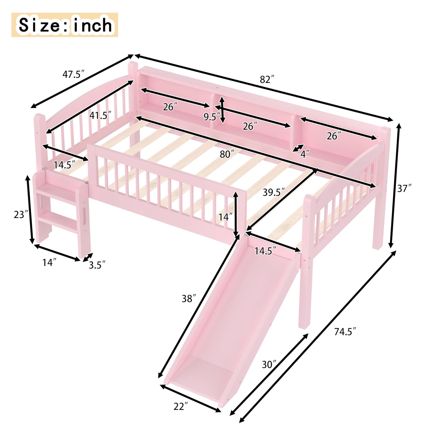 Bellemave Twin XL Loft Bed with Slide and Ladders, Solid Wood Low Loft Bed with Storage Shelves and LED Lights, Loftbed Frame for Kids, Boys, Girls, Childlike and No Box Spring Needed Design, Pink