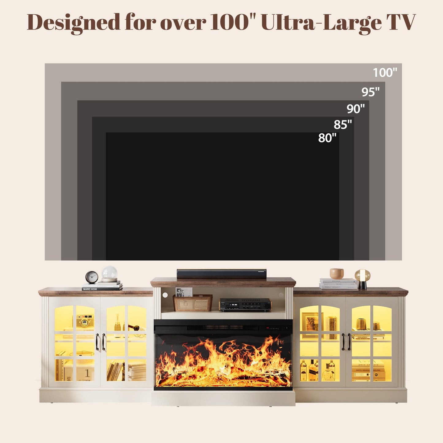 97" Farmhouse Fireplace TV Stand for TVs Up to 100", Entertainment Center with 36" 3-Sided Glass Electric Fireplace, 12 Flame Colors & LED Light Modes, Media Console for Living Room, White
