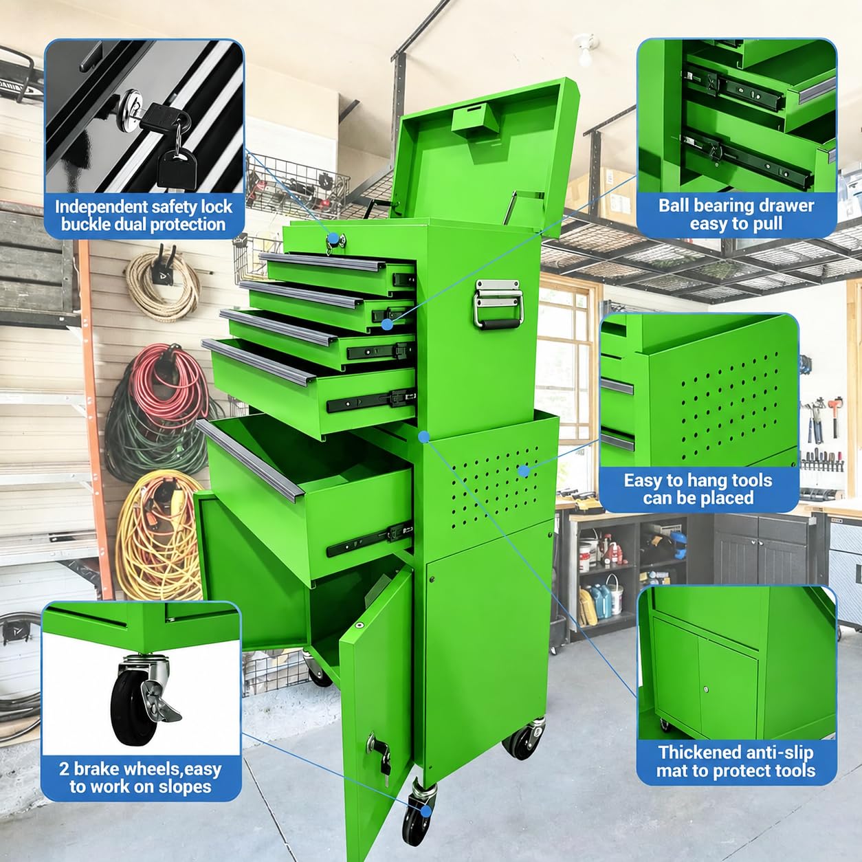 Garvee Large Capacity 20-Inch 5-Drawer Rolling Tool Chest & Cabinet - 2-in-1 Detachable Metal Organizer with Lockable Wheels, Lock Bar, Tool Rack & Liner for Garage & Workshop - Green