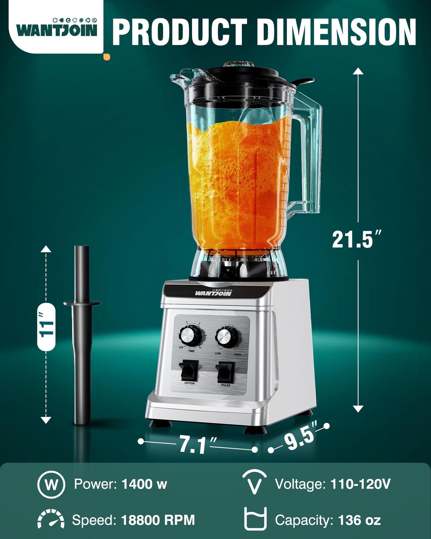 WantJoin 136oz Commercial Blender – Heavy Duty 18800 RPM Professional Blender with Pure Copper Motor, Multi-Speed, Dishwasher Safe for Smoothies & Juices