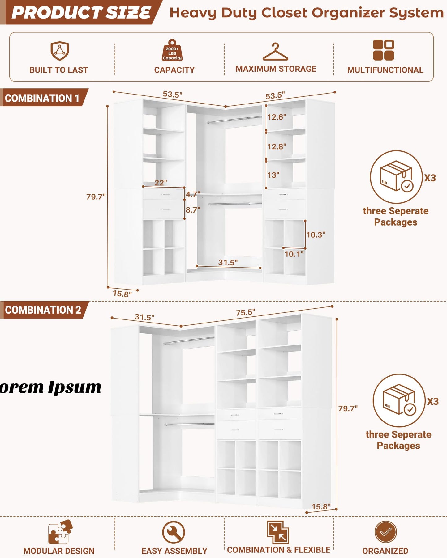 Besiost Closet System with 4 Drawers, 53.5" * 53.5"/ 31.5"*75.5" Closet Organizer System with Corner Tower, L Shaped Walk-in Closet System, Corner Closet System with Shelves, Set of 3, White