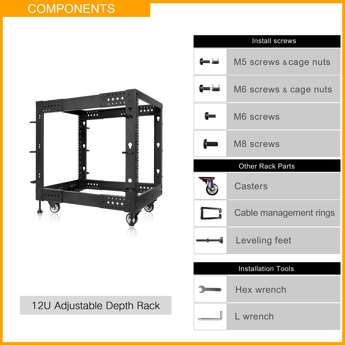 RIVECO 12U Server Rack Adjustable Depth Network 4 Post Cabinet Open Frame with Leveling Feet & Wheels Fully Rivets 1400 LBS