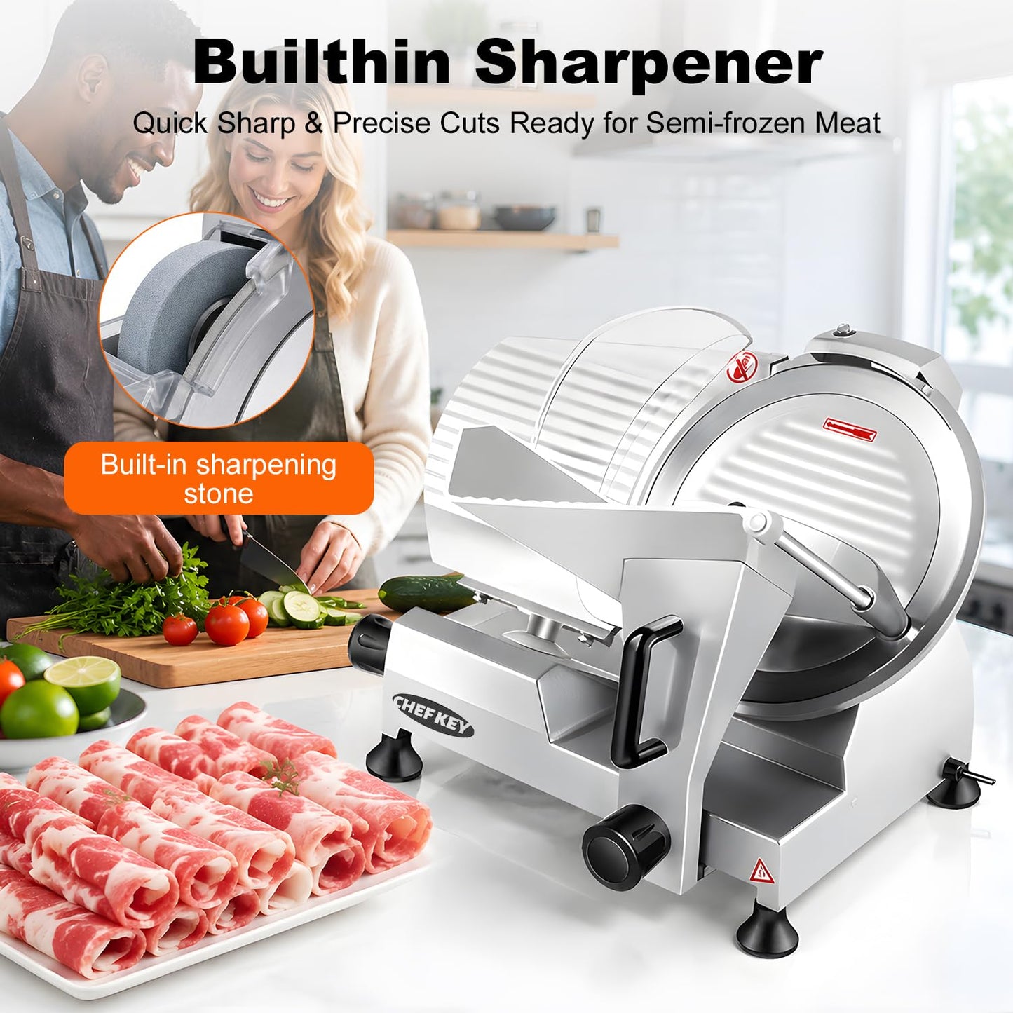 CHEF KEY Commercial Meat Slicer, 10 inch Electric Food Slicer, 240W Frozen Meat Deli Slicer, Premium Chromium-plated Steel Blade Semi-Auto Meat Slicer For Commercial and Home use