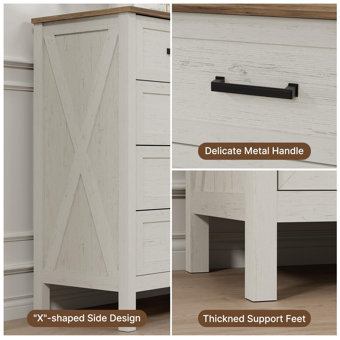 LYNSOM Farmhouse 9 Drawer Dresser for Bedroom, 55 Inch Wide Wood Rustic Chest of Drawers with X-Marking & Bar Handle, Large Storage Dressers Organizer for Bedroom, Living Room, Antique White