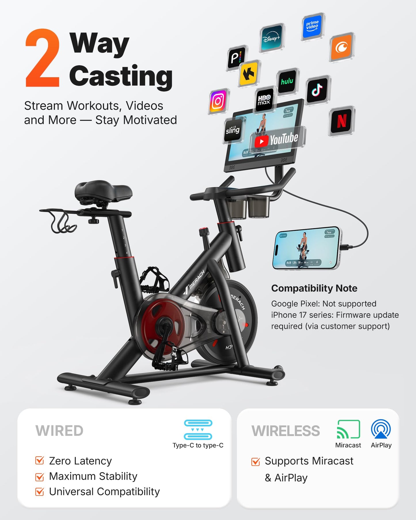 Merach Exercise Bike, Magnetic Friction Stationary Bike with Brake Pad and Exclusive App, Low Noise Indoor Cycling Bike with 300lbs Weight Capacity, Tablet Mount and Fitness Courses for Weight Loss
