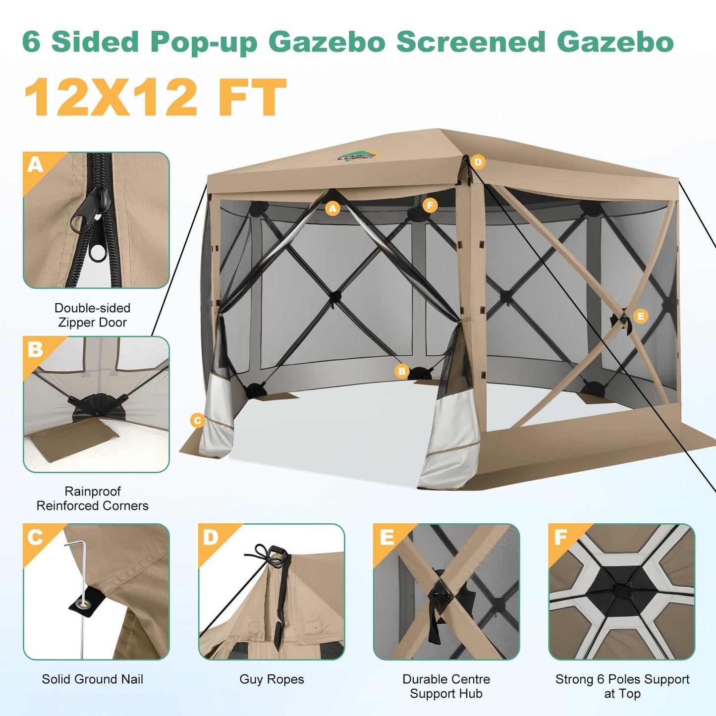 COBIZI 12x12 FT Pop Up Canopy Extendable Tent, Gazebos On Clearance, Screened in Gazebo,Screen Tents Portable carpas para Patio for Outdoor Camping,Backyard, Garden, Khaki(Upgraded)
