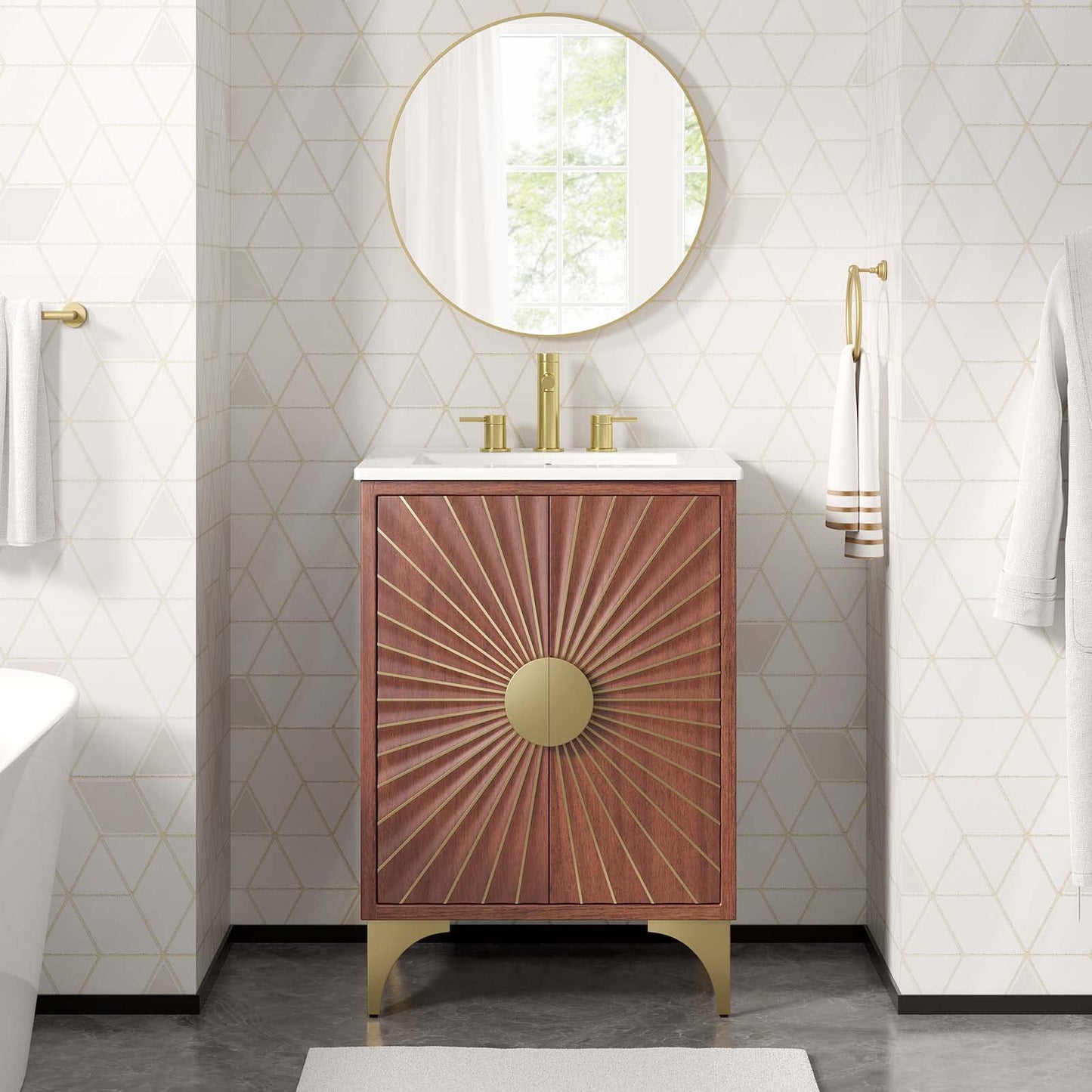 Modway Daylight Bathroom Vanity Cabinet with Ceramic Sink Basin, 24 Inch, White Walnut