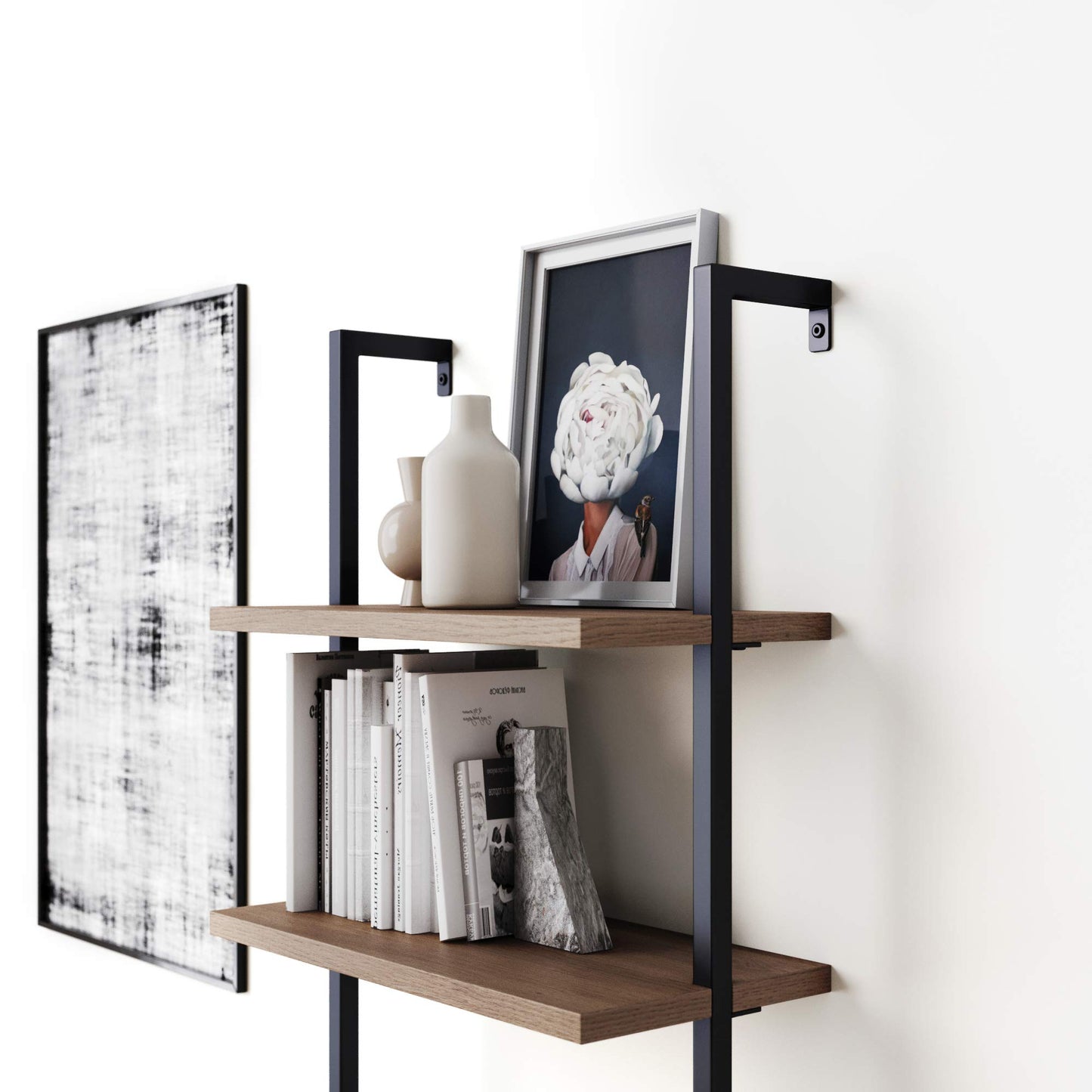 Nathan James Theo 5-Shelf Wood Modern Bookcase, Open Wall Mount Ladder Bookshelf with Industrial Black Metal Frame, Reclaimed Oak, Set of 2