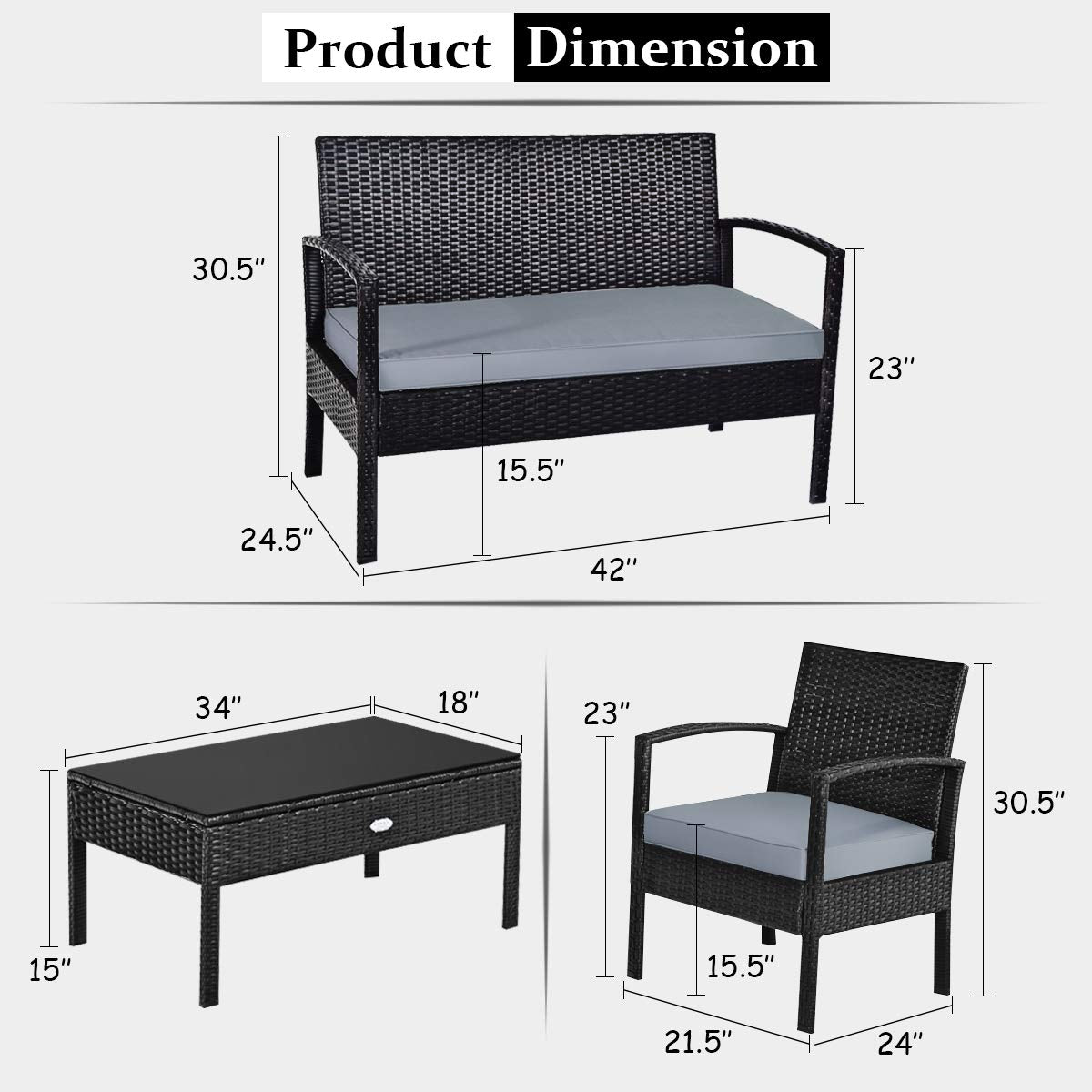 Tangkula 4-PCS Wicker Patio Conversation Furniture Set, Outdoor Rattan Chair and Table Set, Patio Furniture Sets with Coffee Table & Washable Cushions for Courtyard Balcony Garden (1, Black)