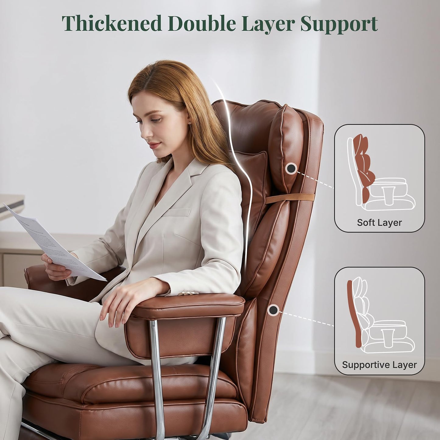 HAPPYMONT Executive Ergonomic Office Chair, PU Leather High Back Reclining Office Chair with Footrest and Lumbar Support, Height Adjustable Rolling Swivel Computer Chair for Home Office,Brown