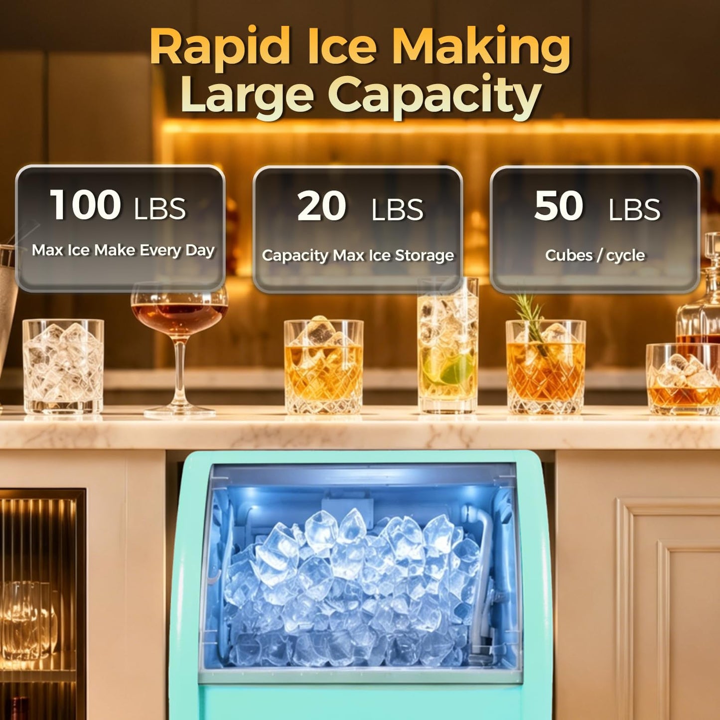 GSEICE Commercial Ice Maker Machine, 100lbs/24H, Under Counter Ice Machine with Water Filter, 20lbs Storage Bin, 50 Cubes in 8-12 Mins, Freestanding Ice Machine for Home/Bar/Cafe/Restaurant