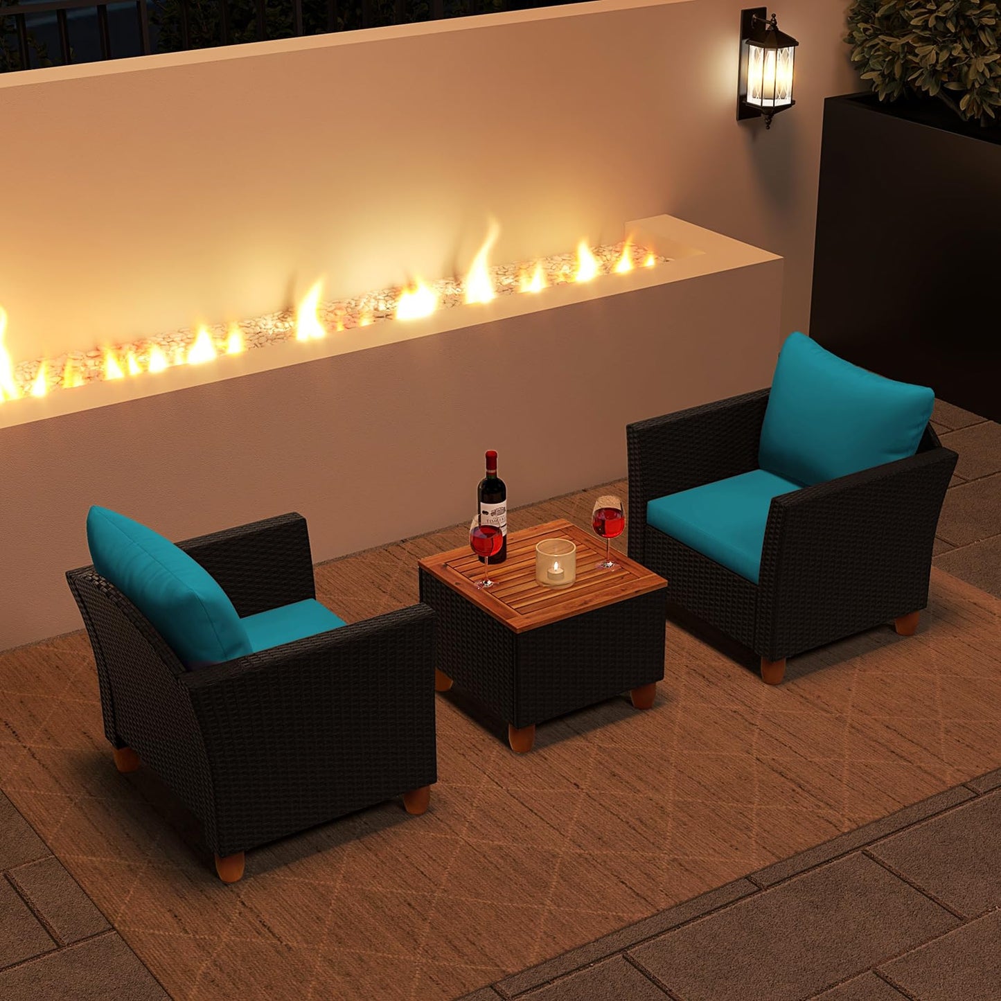 Tangkula 3 Pieces Patio Porch Furniture Set, PE Rattan Wicker Chair Conversation Set with Cushions and Storage Table, Outdoor Acacia Wood Bistro Set for Garden, Poolside (Turquoise)