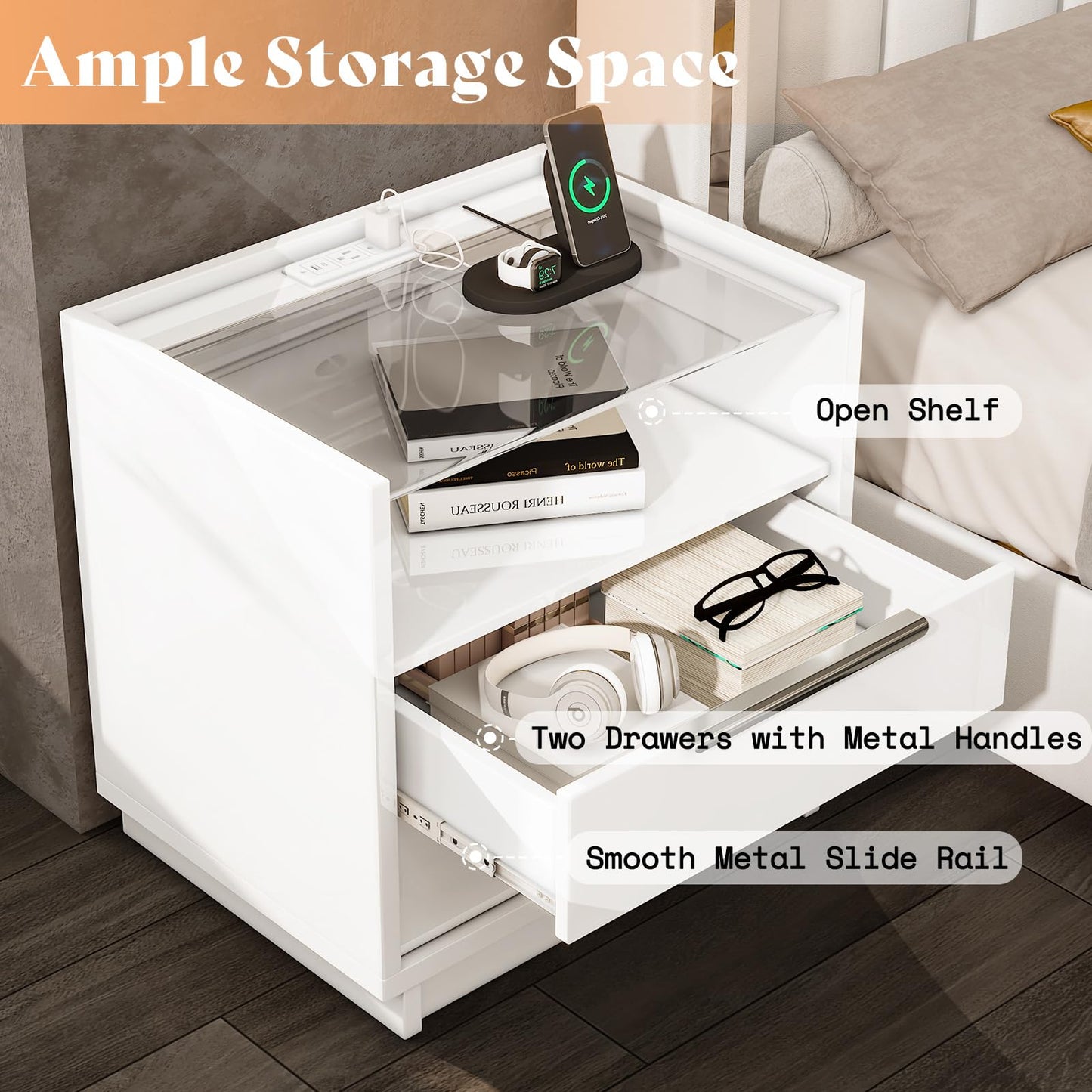 AMERLIFE 4 Piece Bedroom Furniture Set, 2 Nightstands with Charging Station, 8 Drawer Dresser with LED Light & 5 Drawer Chest, Modern High Gloss UV Finish, Bedroom Storage Organizer, White