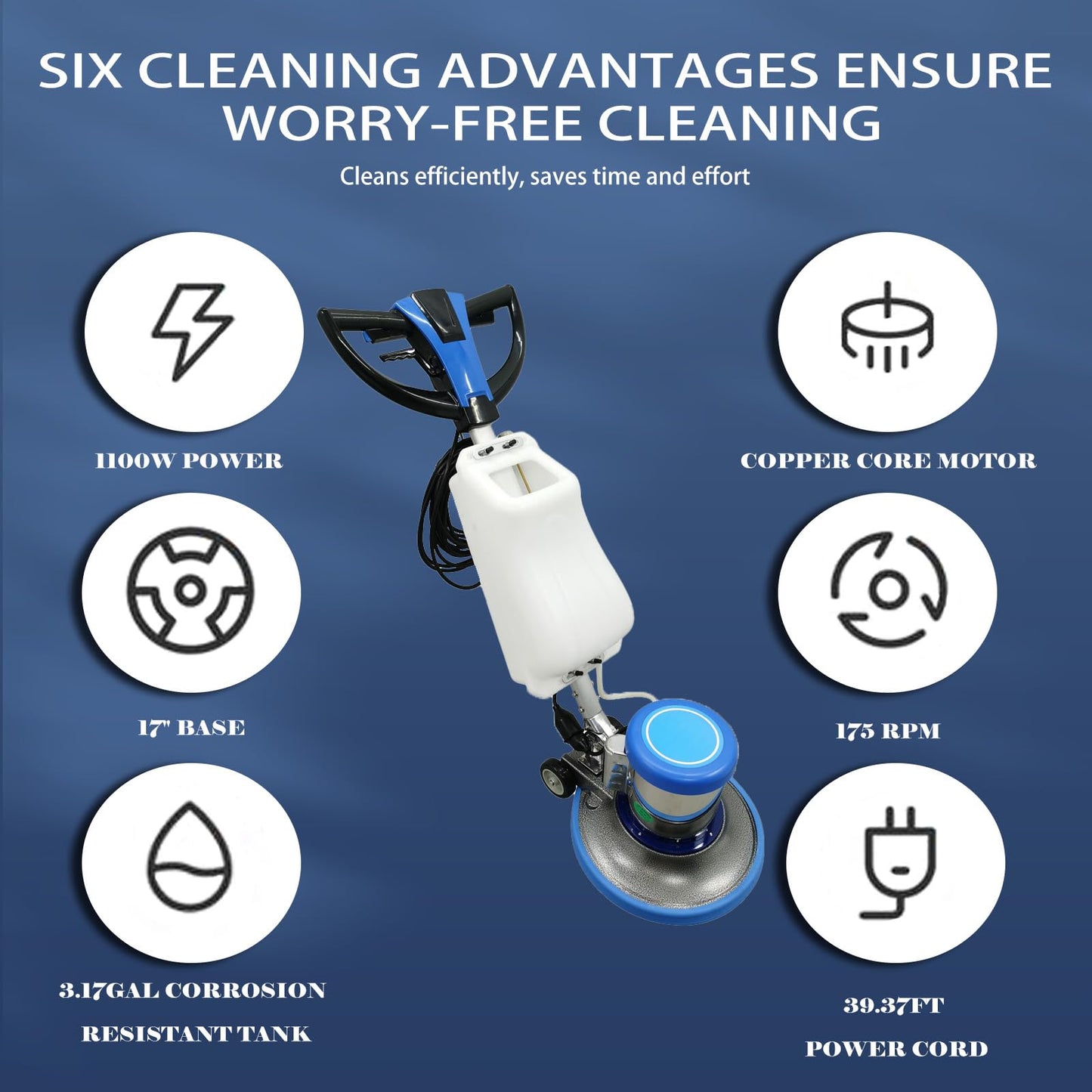 WYDDDARY 110V Floor Polisher Commercial Floor Scrubber Machine 17" Cleaning Path Carpet Buffer Scrubber with 3.1gal Water Tank 175Rpm 1100W, for Marble/Cement/Epoxy/Rubber Floors/Wood