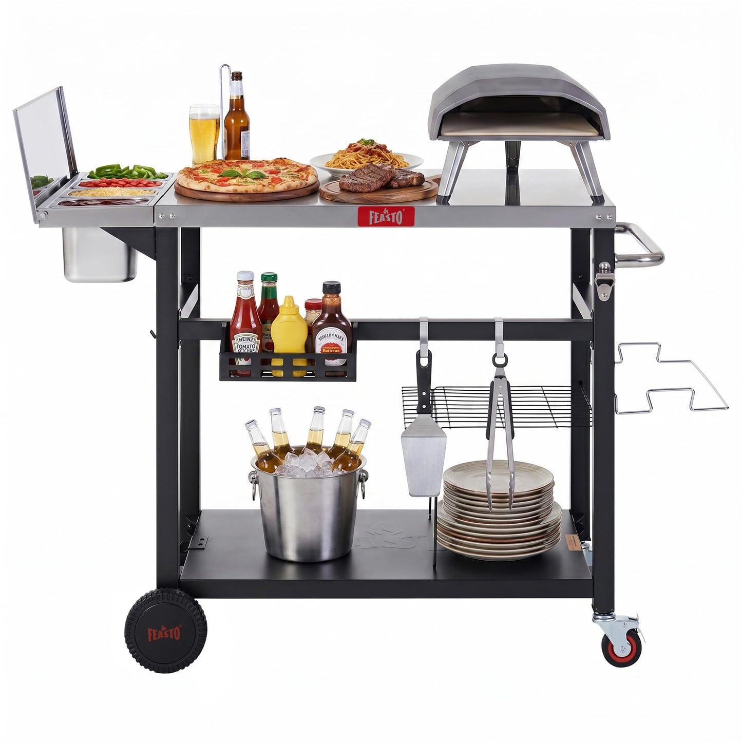 Feasto Outdoor Prep Table with One-Piece Integrated Topping Station, Food-Grade Stainless Steel Tabletop, Pizza Oven Table with Lockable Wheels for Backyard BBQ & Party